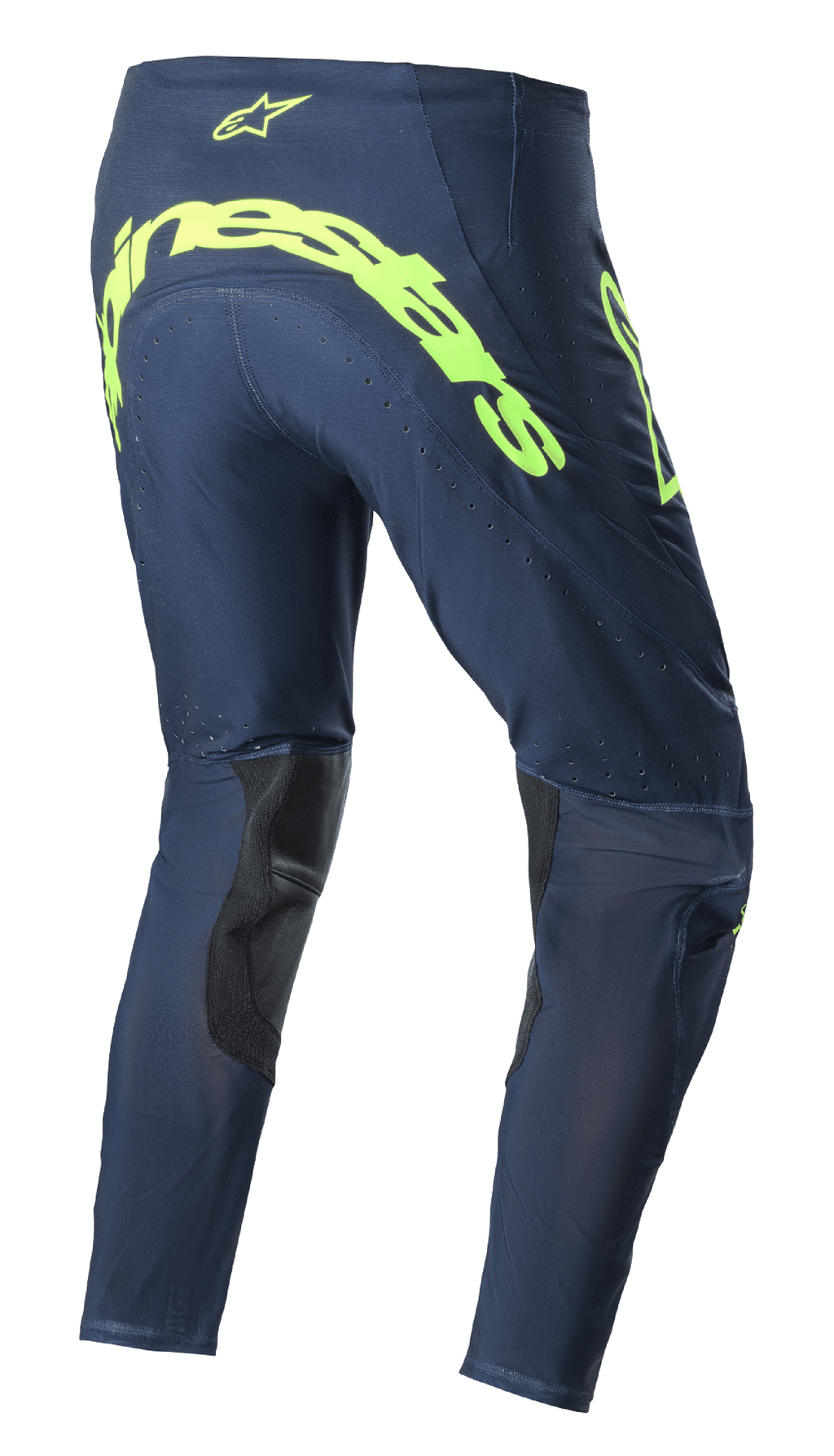 Alpinestars 2023 Supertech Bruin crossbroek, motorcross broek, Night Navy en fluorgeel, achteraanzicht met groot fluorgeel Alpinestars-logo op het zitvlak, geperforeerde ventilatiezones, zwarte verstevigingen aan de binnenkant van de benen