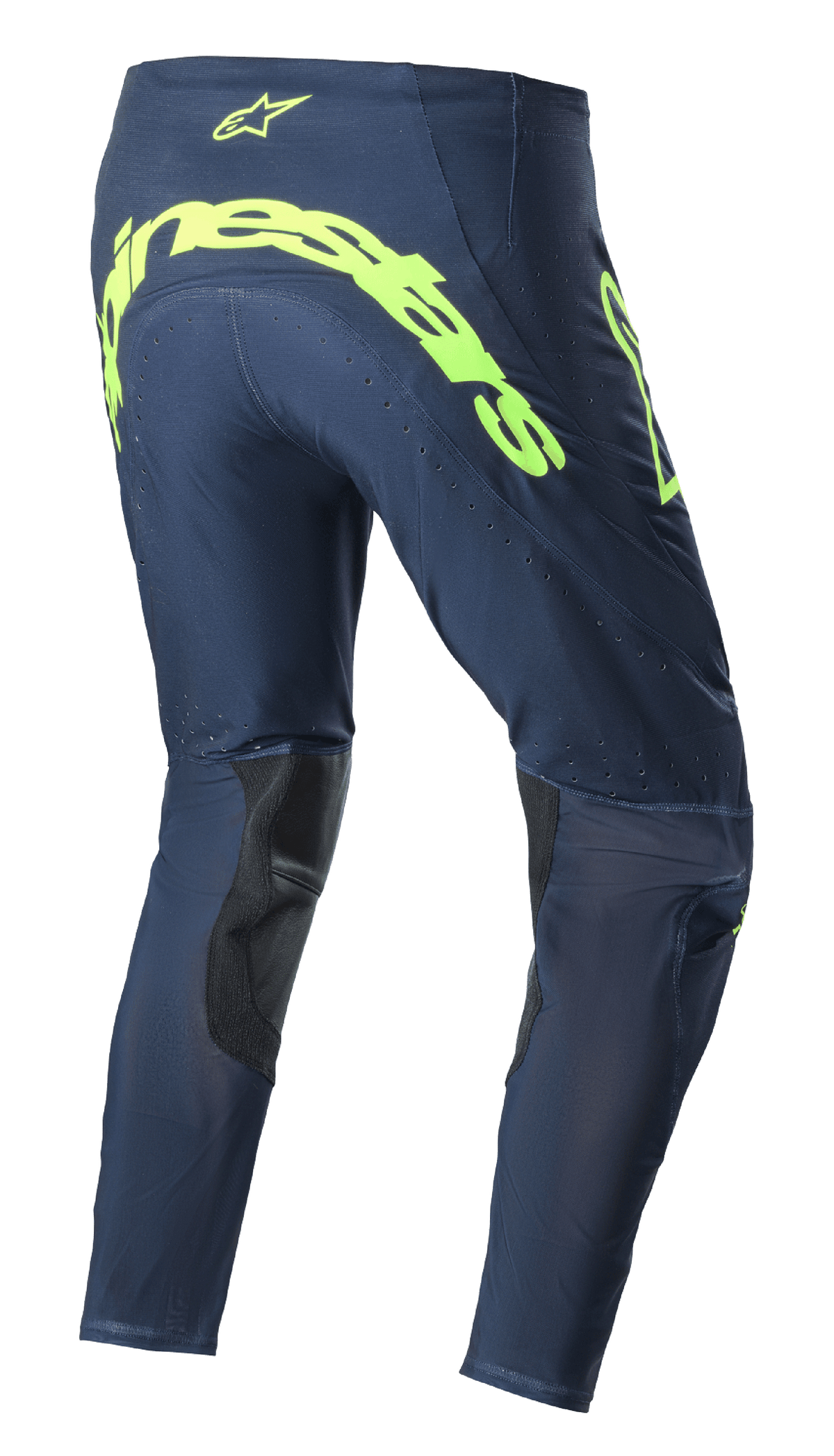 Alpinestars 2023 Supertech Bruin crossbroek, motorcross broek, Night Navy en fluorgeel, achteraanzicht met groot fluorgeel Alpinestars-logo op het zitvlak, geperforeerde ventilatiezones, zwarte verstevigingen aan de binnenkant van de benen
