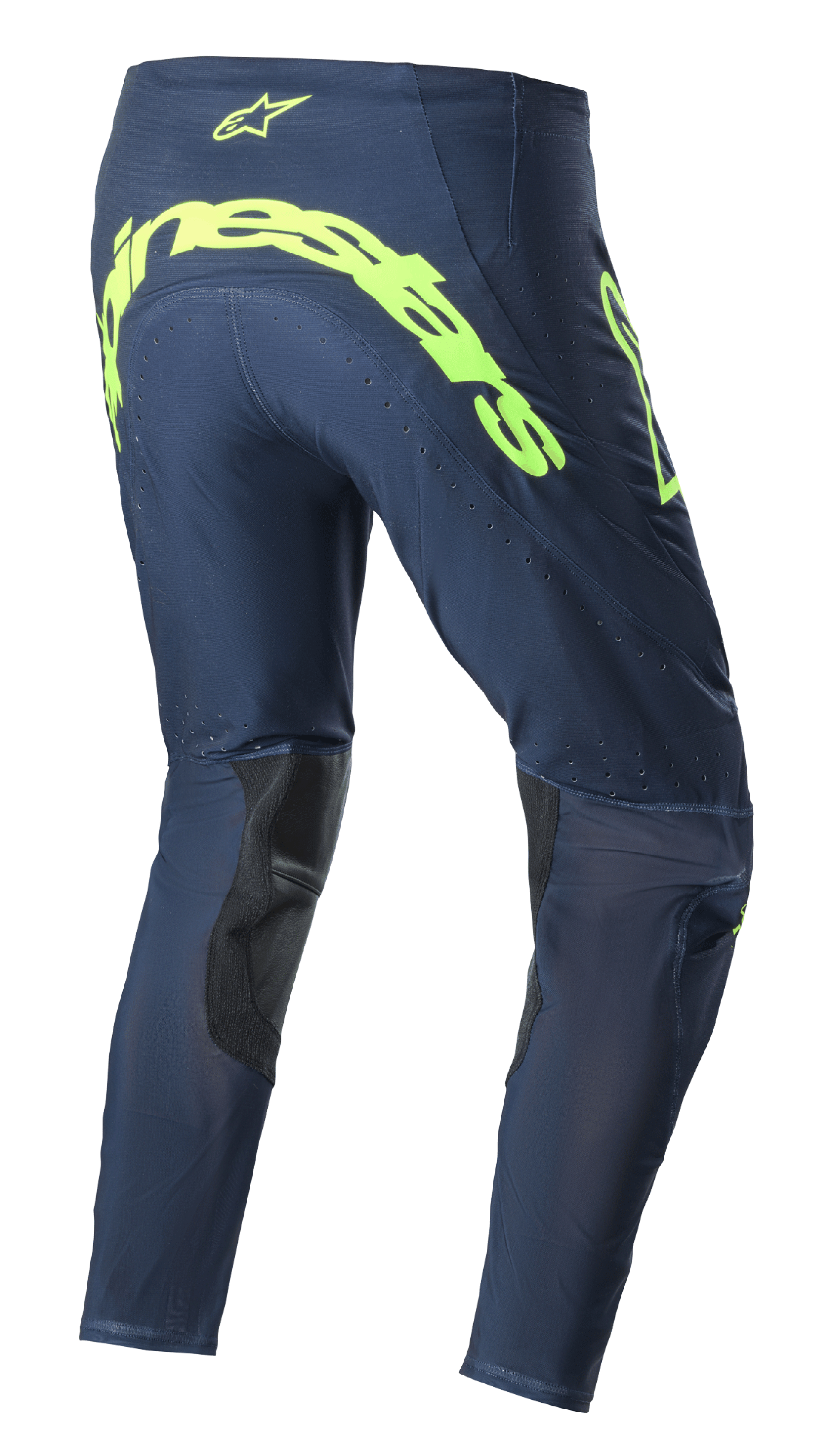 Alpinestars 2023 Supertech Bruin crossbroek, motorcross broek, Night Navy en fluorgeel, achteraanzicht met groot fluorgeel Alpinestars-logo op het zitvlak, geperforeerde ventilatiezones, zwarte verstevigingen aan de binnenkant van de benen