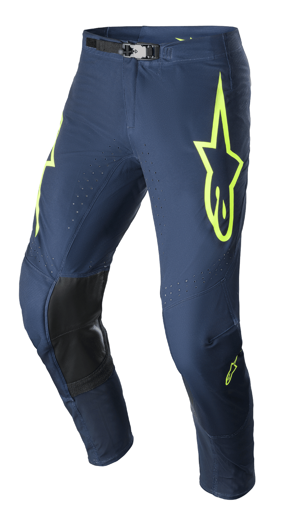 Alpinestars 2023 Supertech Bruin broek, motorcrossbroek, Night Navy en Yellow Fluo, met zwarte versterkte kniepanelen, geperforeerde ventilatie en verstelbare magnetische gesp, duurzaam race-ontwerp