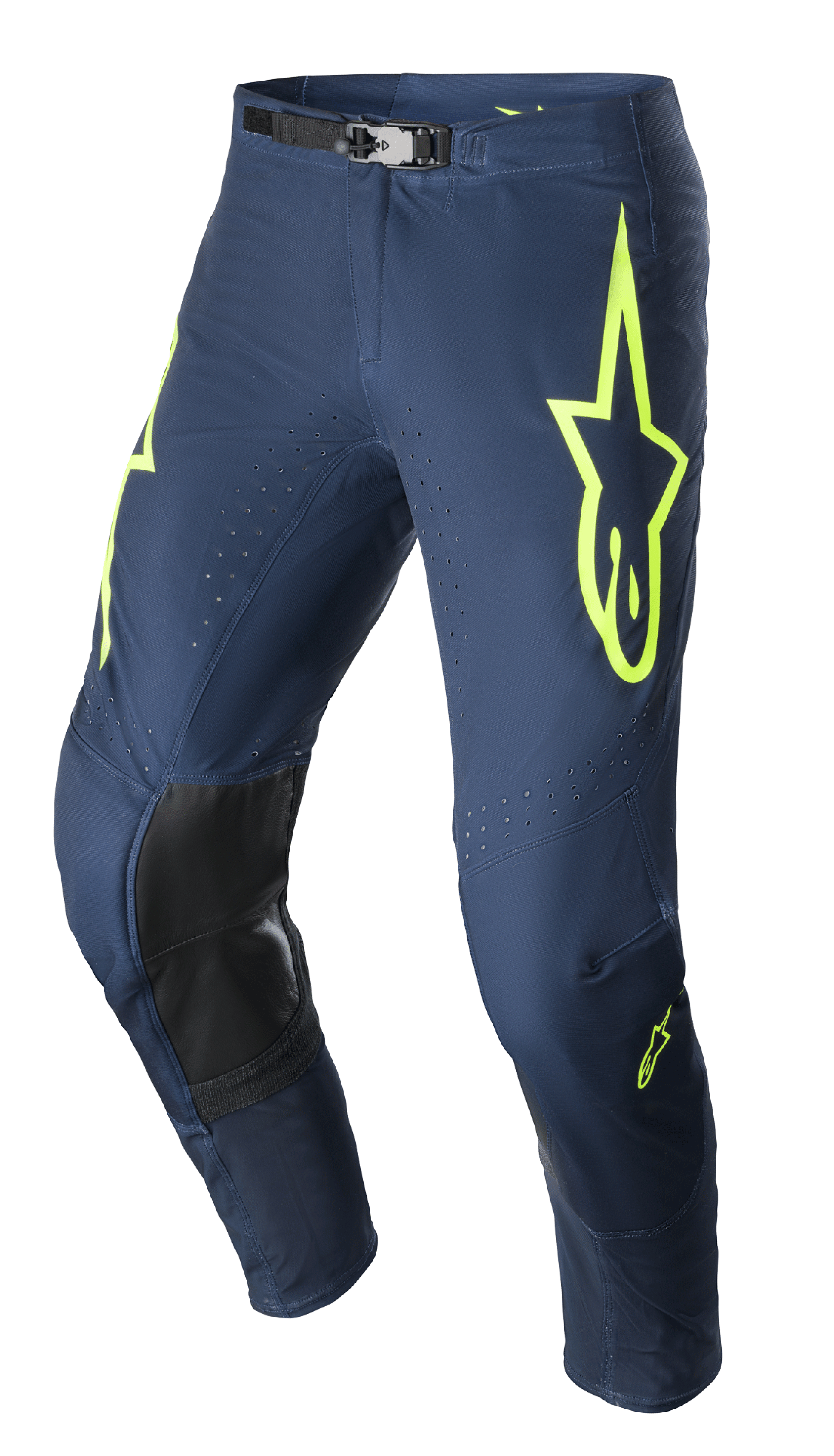 Alpinestars 2023 Supertech Bruin broek, motorcrossbroek, Night Navy en Yellow Fluo, met zwarte versterkte kniepanelen, geperforeerde ventilatie en verstelbare magnetische gesp, duurzaam race-ontwerp
