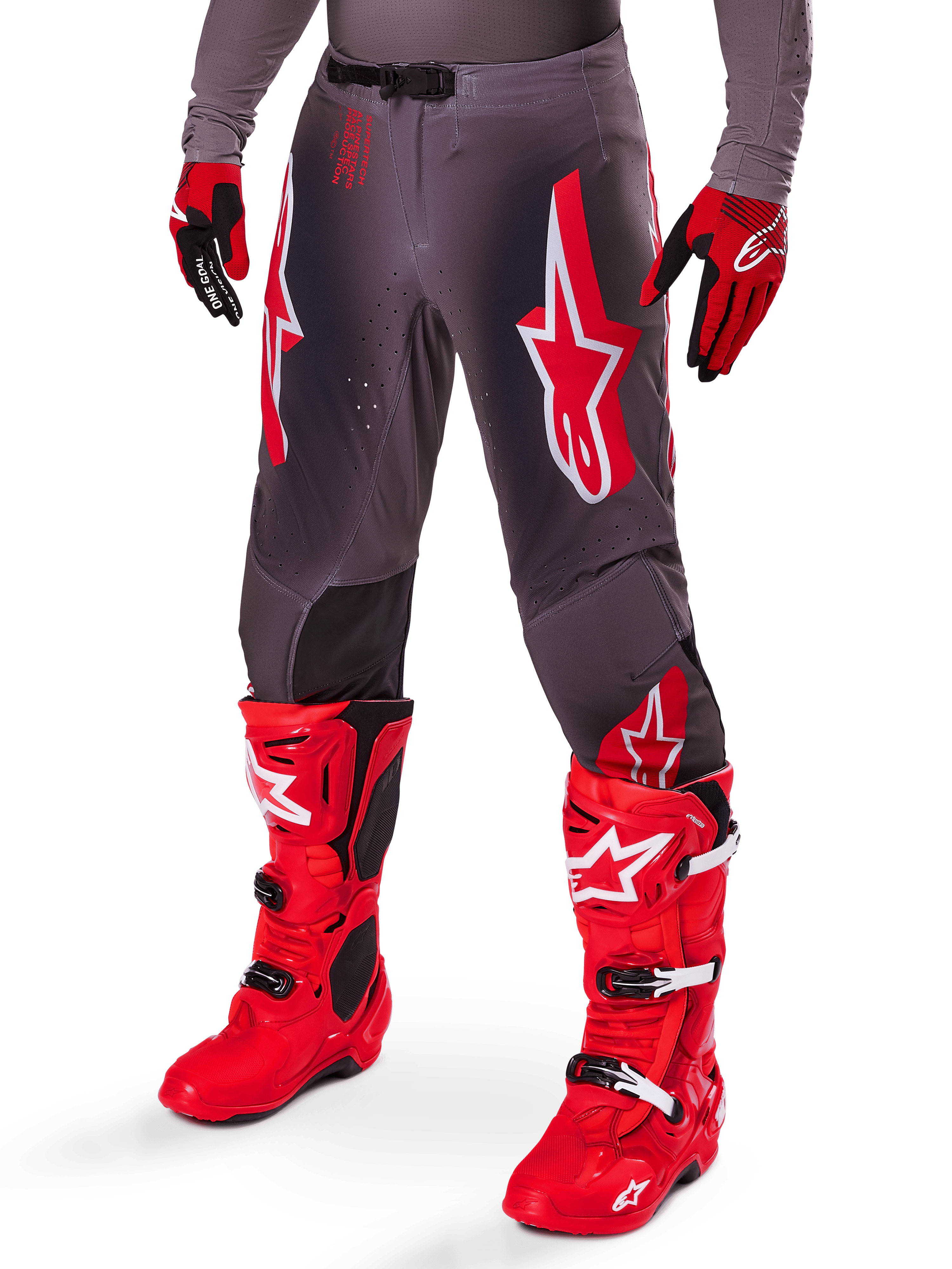 Alpinestars 2025 Supertech Lipan Gear Set, Grey Motocross Pants with bold red and white star logos, paired with bright red performance boots and red and black gloves, designed for pro-level racing