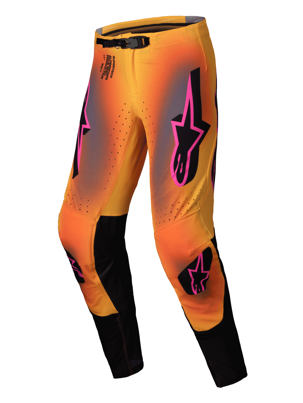 Alpinestars Supertech Lipan Broek 2025, heren motocross off-road broek, geel en roze met zwarte accenten, magnetische gesp