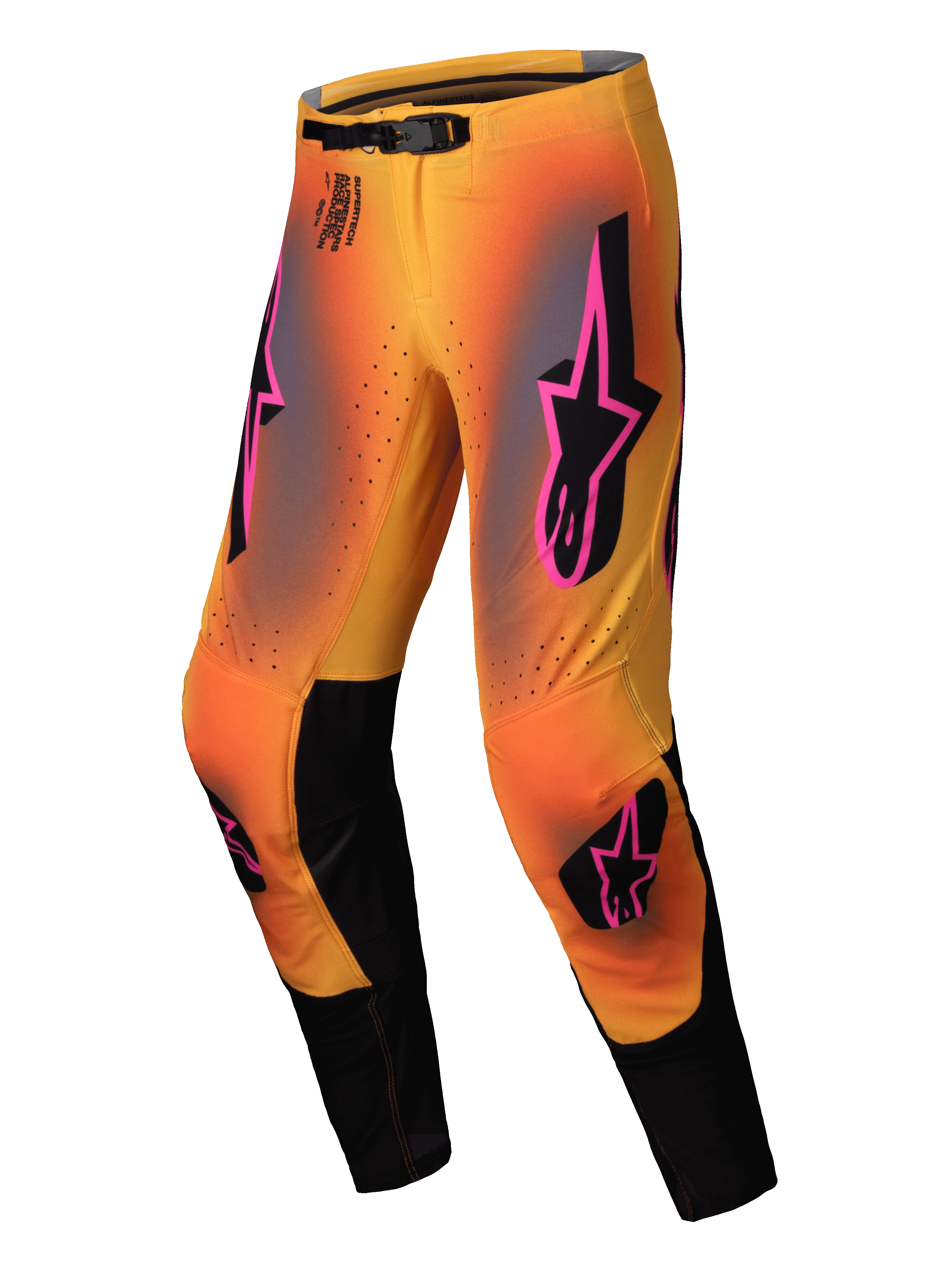 Alpinestars Supertech Lipan Broek 2025, heren motocross off-road broek, geel en roze met zwarte accenten, magnetische gesp