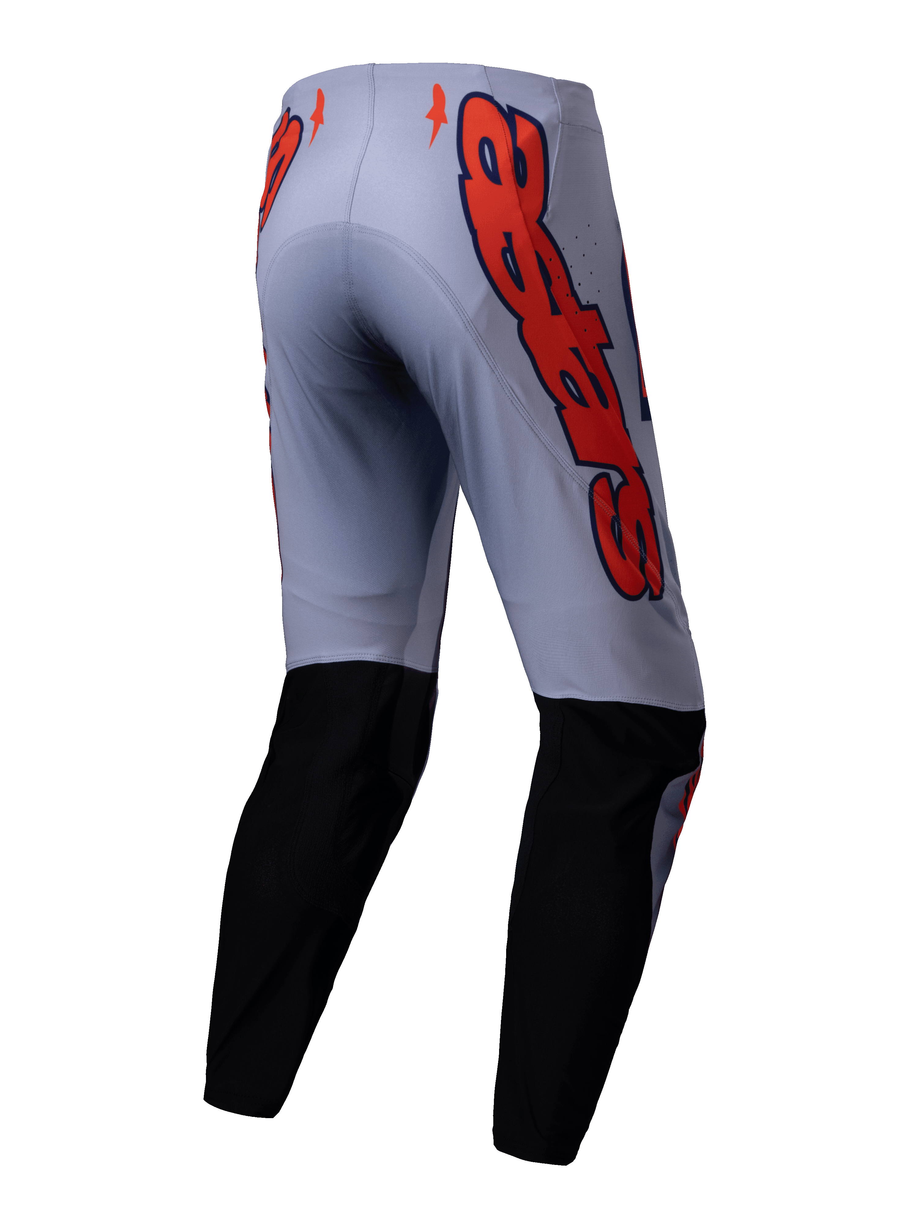 Alpinestars 2025 Supertech Lipan broek, motorcrossbroek, grijs en fluo oranje, achteraanzicht met zwarte panelen op de onderbenen en grote oranje Alpinestars logo-graphics op de heupen, sportieve pasvorm voor off-road racen