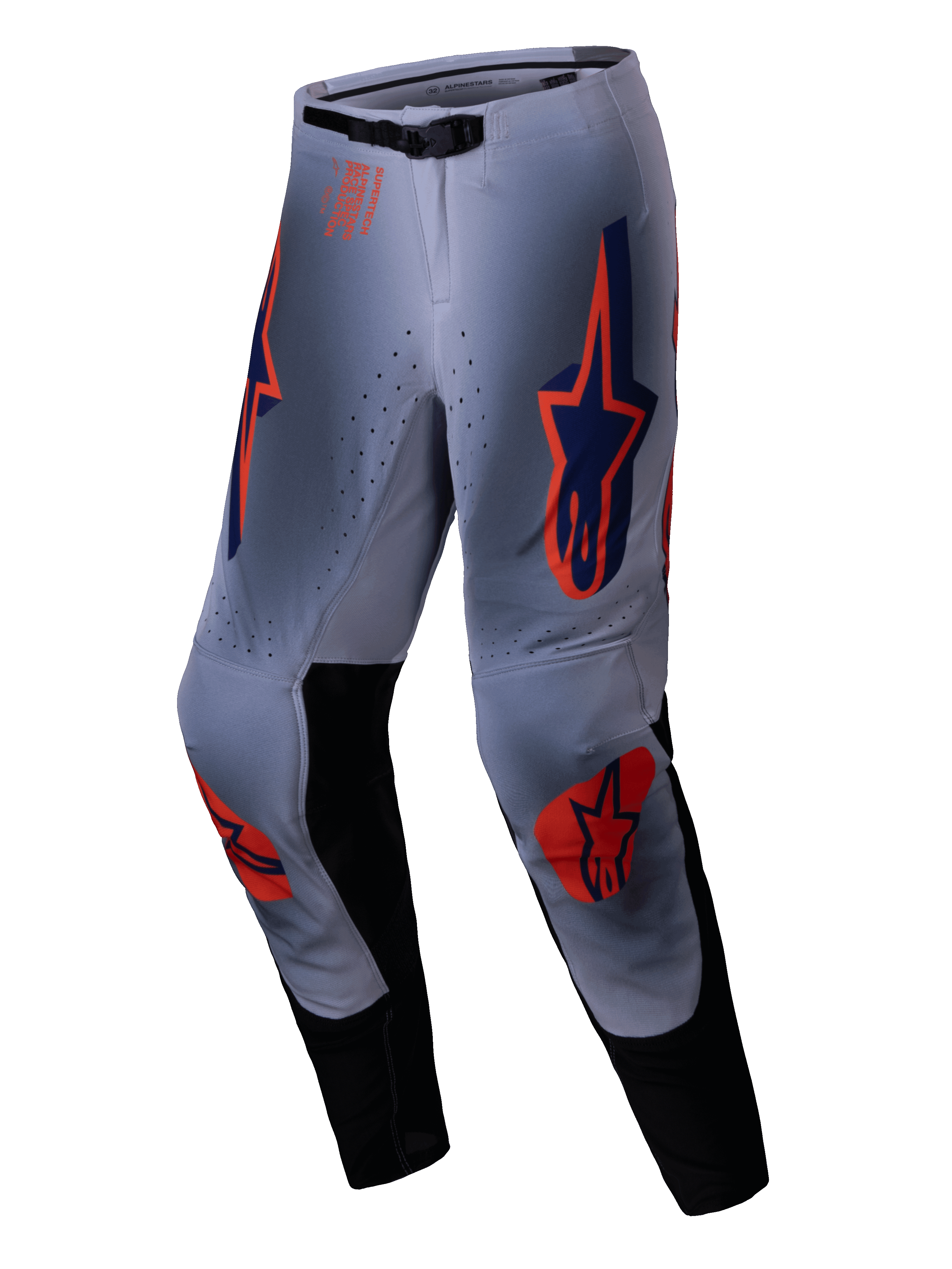 Alpinestars 2025 Supertech Lipan crossbroek, motorcrossbroek, grijs en oranje fluo, met opvallende oranje en marineblauwe sterlogo's op de dijen en knieën, zwarte binnenbeenpanelen en een verstelbare tailleband, ontworpen voor professionele off-road prestaties.