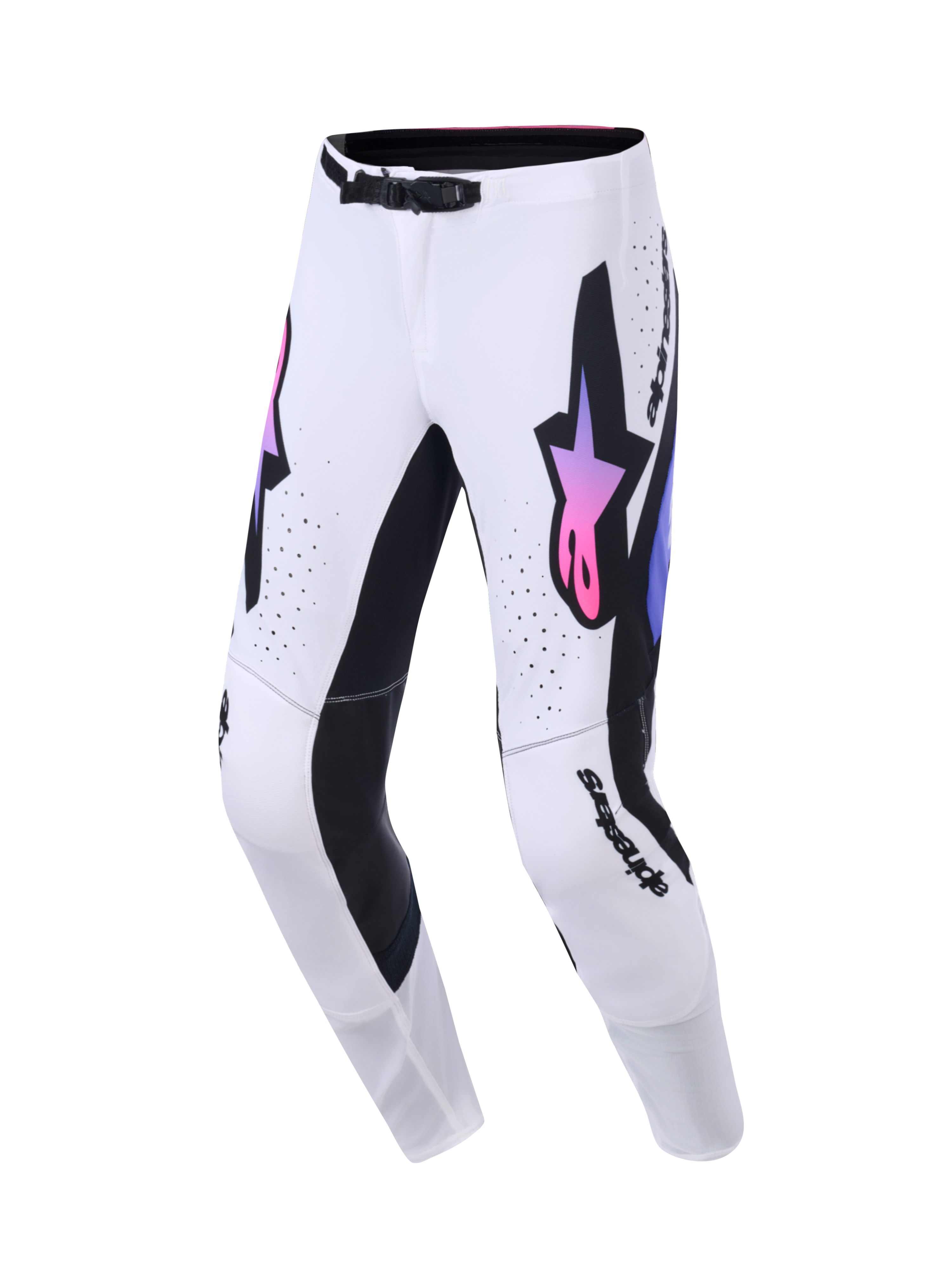 Alpinestars 2026 Supertech AFD Vista Pants, Motocross Pants, White Purple and Black, front view featuring bold Alpinestars logos with a purple and pink gradient, black inner leg panels, laser-cut ventilation holes, and an athletic racing fit.