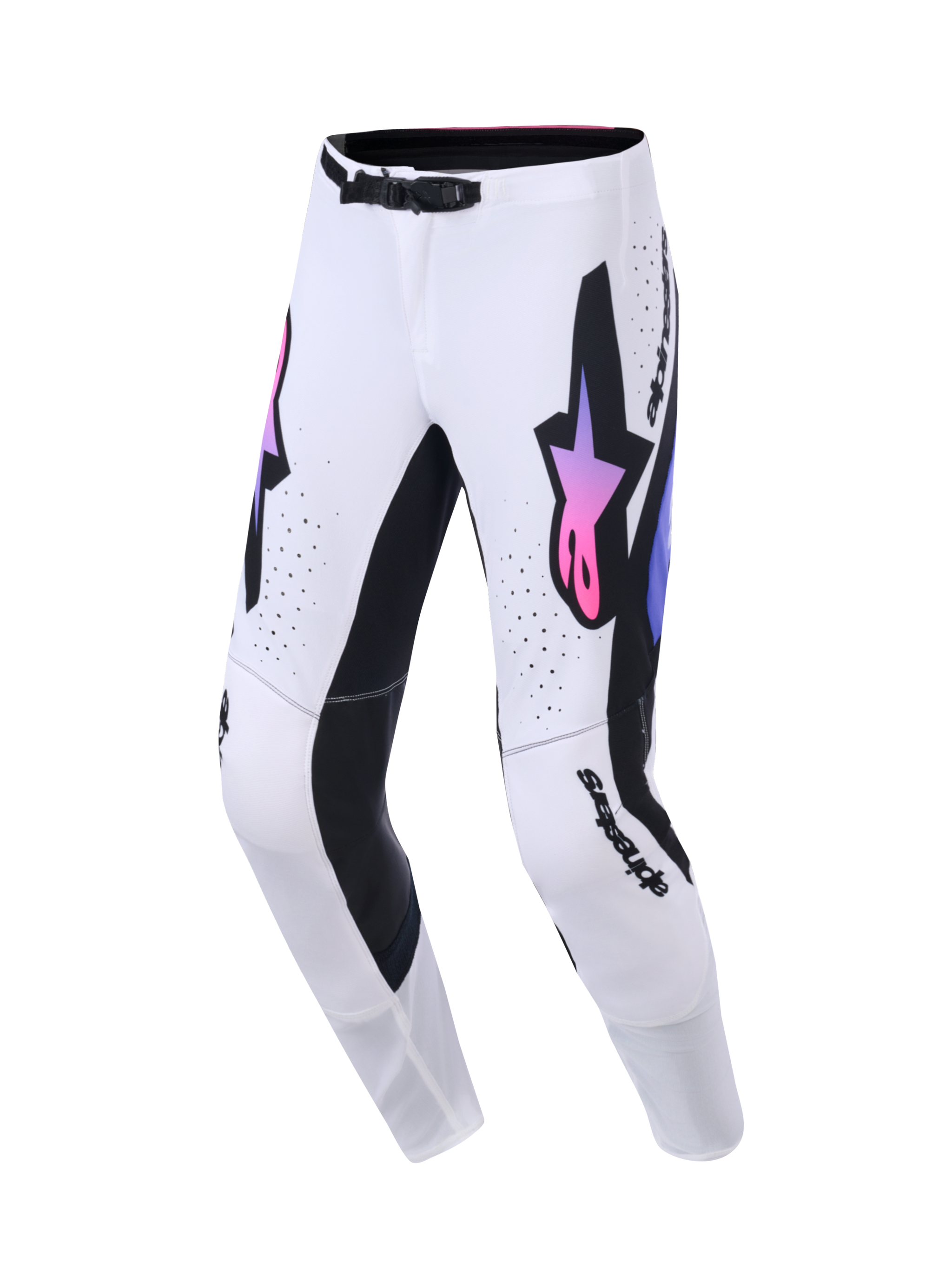 Alpinestars 2026 Supertech AFD Vista Broek, motorcrossbroek, wit, paars en zwart, met een groot zwart Astars-logo met een roze en paars kleurverloop, zwarte panelen aan de binnenkant van de benen en een SX1 magnetische taillegesp, ontworpen voor off-road raceprestaties.