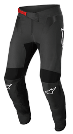 Alpinestars Supertech Foster Pants, Motocross Racing Pants, Black and Gray, featuring a red waist buckle, white knee logos, reinforced knee and thigh protection, ventilated mesh panels, and a fitted design for active riding