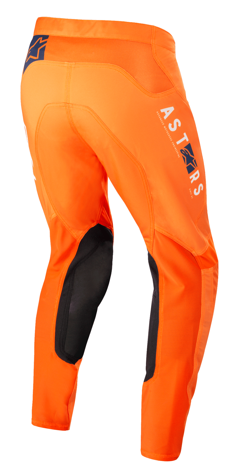 Alpinestars Supertech Foster Pants, Motocross Pants, Orange, featuring black inner knee panels, white and blue ASTARS branding on the leg, advanced stretch rip-stop construction, rear-side view