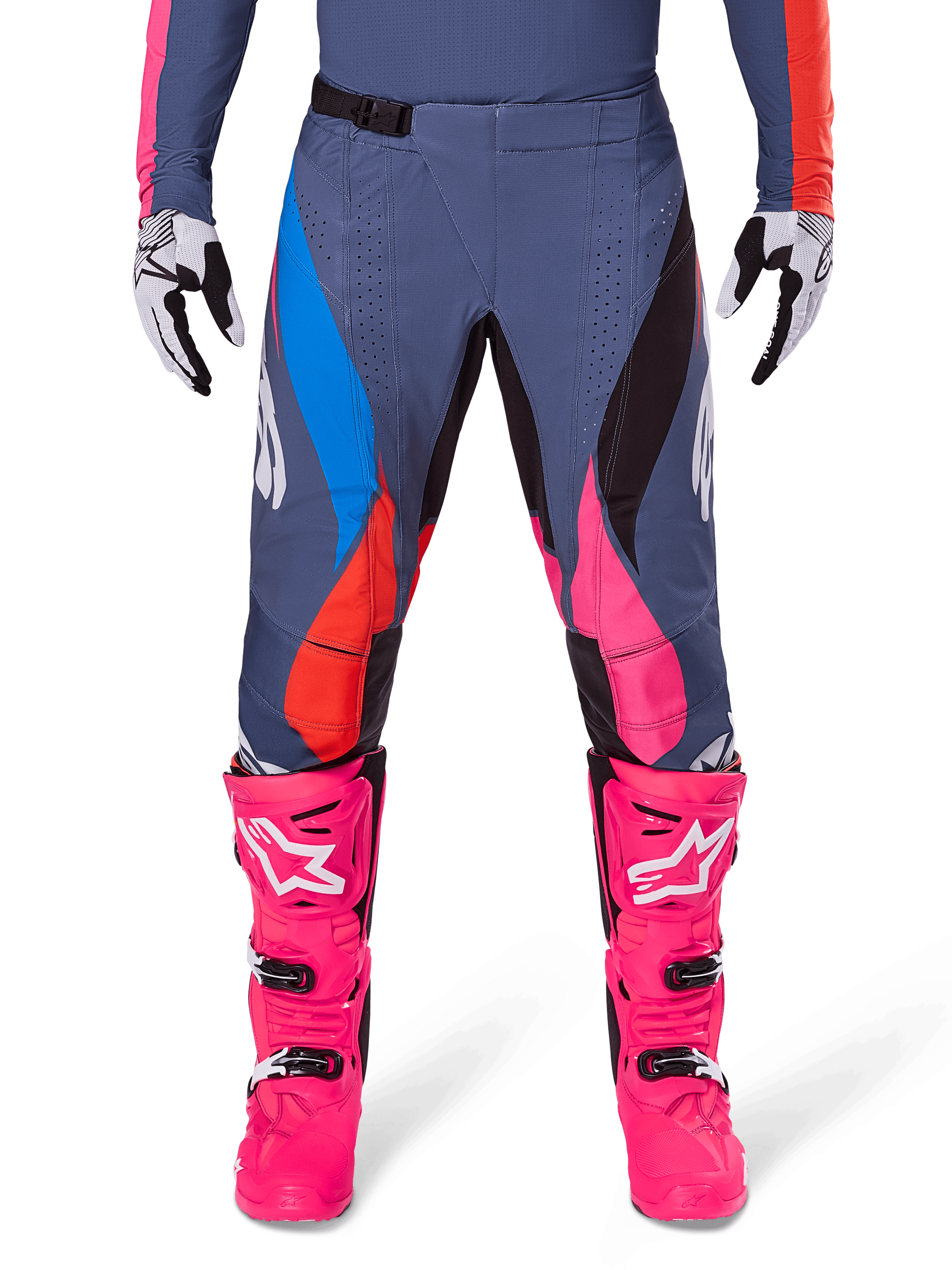 Alpinestars 2025 Techstar Dreem Pants, Motocross Pants, Gray Multicolor with pink, blue, and orange accents, worn with bright pink motocross boots and matching jersey, athletic race fit with laser-cut ventilation holes
