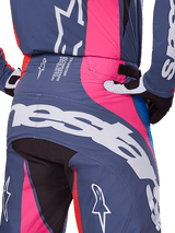 Alpinestars 2025 Techstar Dreem Pants, Motocross Pants, Gray Multicolor with pink and red accents, rear view detail of seat and waist showing large white branding, athletic race fit with matching gloves