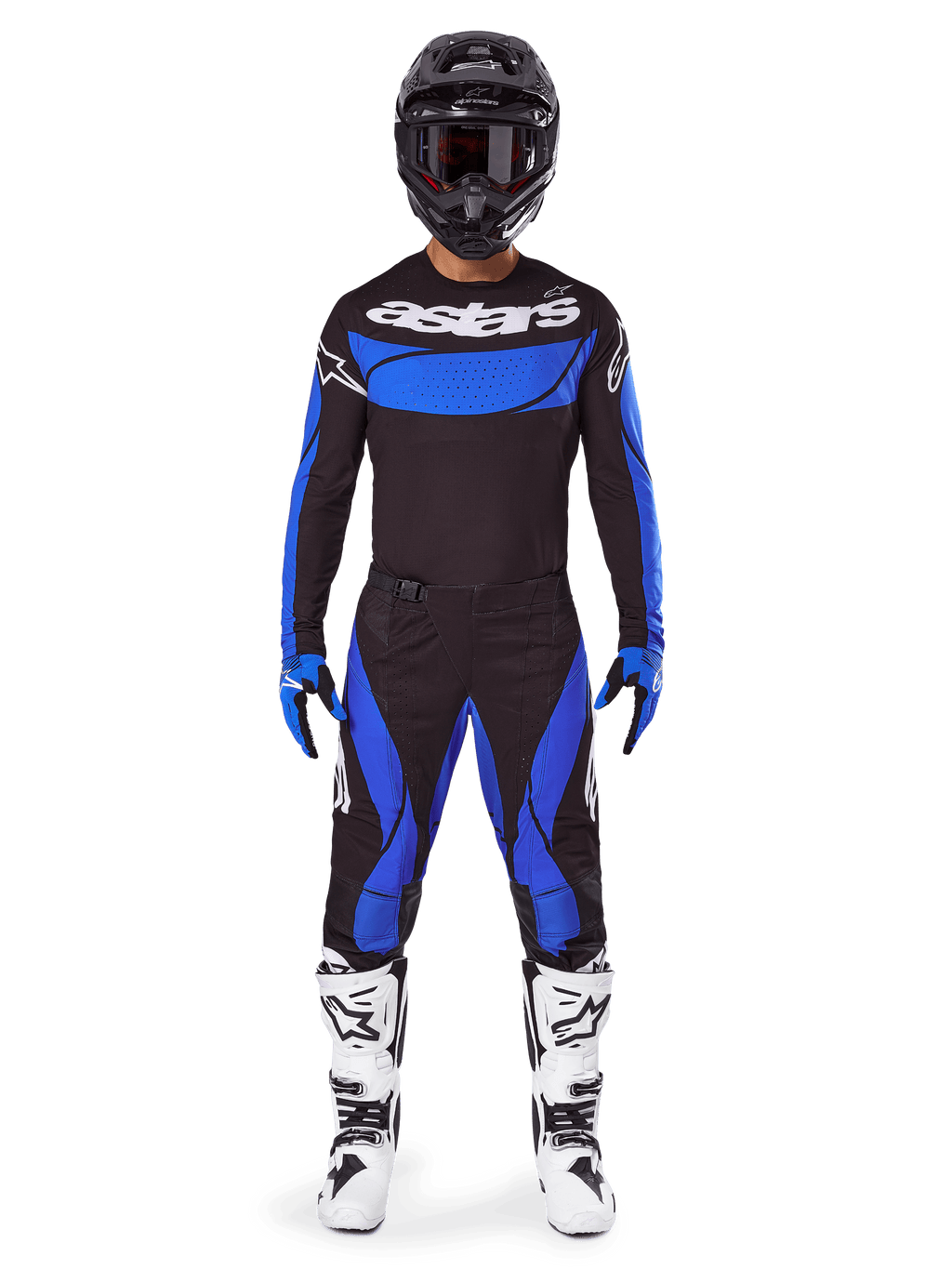 Alpinestars 2025 Techstar Dreem Gear Set, motorcross outfit, zwart jersey met blauw borstpaneel en mouwen, bijpassende zwart-blauwe broek, zwarte helm met crossbril en witte laarzen, complete gecoördineerde motorcross uitrusting voor off-road racing.