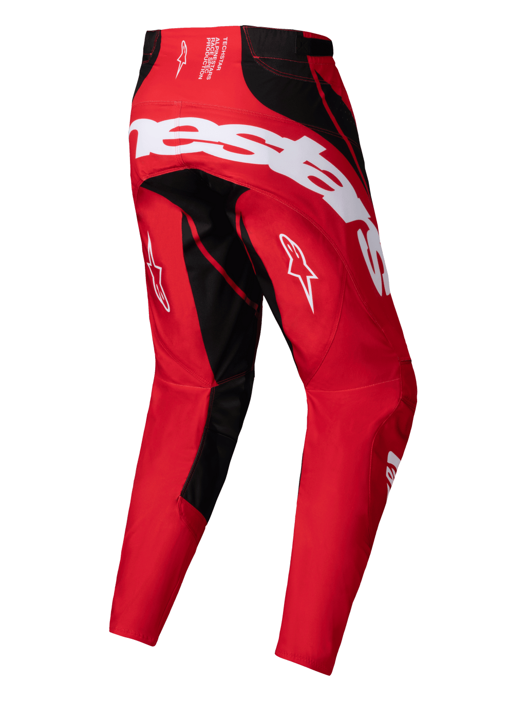 Alpinestars Techstar Dreem Broek 2025, heren motocrossbroek, felrood en zwart, achteraanzicht met stretch ripstop-constructie en duurzaam 600D polyweefsel