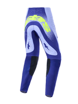 Alpinestars 2026 Supertech Scenz broek, motorcrossbroek, paars en neongeel, achteraanzicht met technisch ontwerp met lasergesneden perforaties, opvallende neongele branding op de achterkant en zwarte duurzame binnenkniepanelen