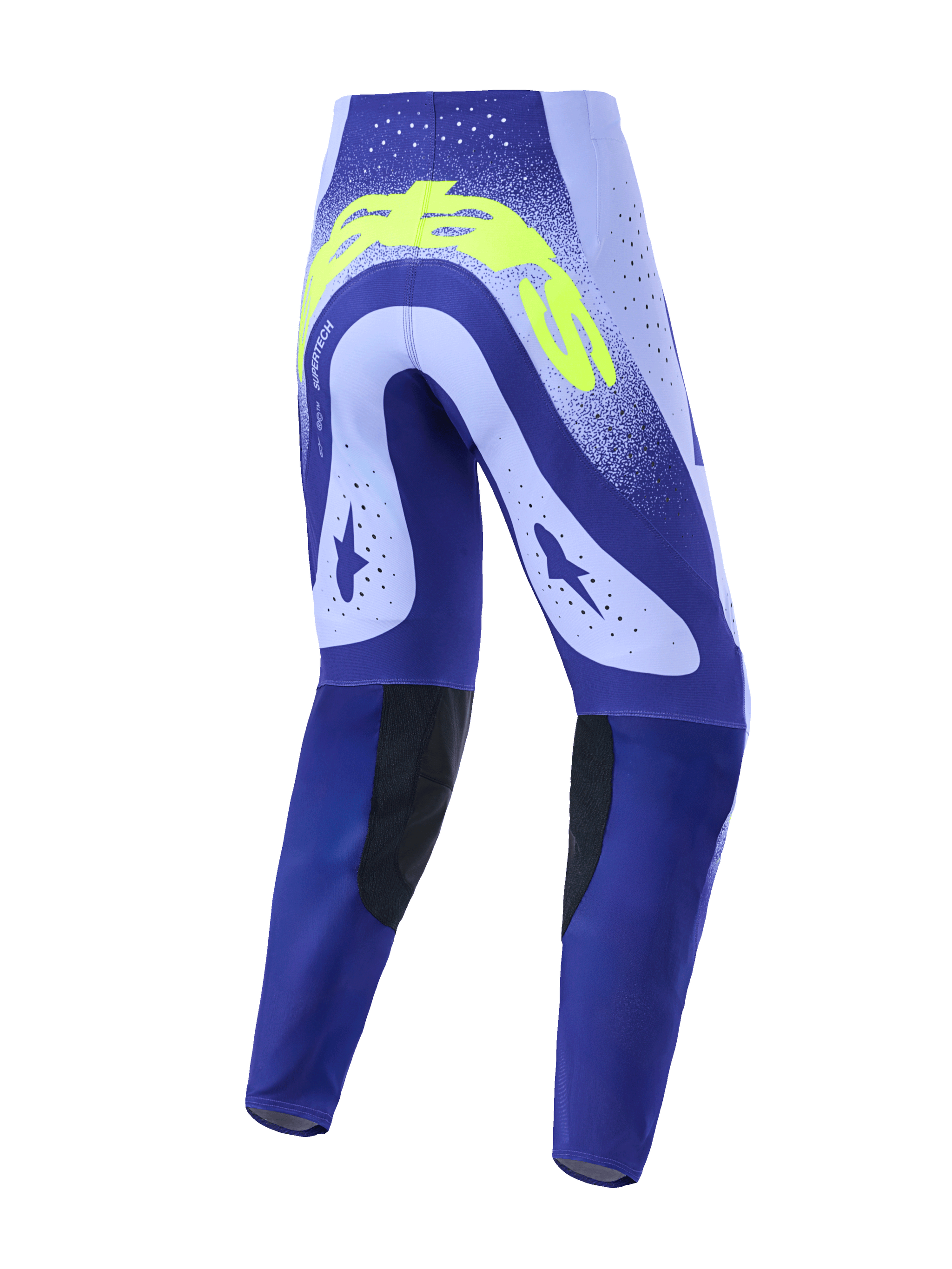 Alpinestars 2026 Supertech Scenz broek, motorcrossbroek, paars en neongeel, achteraanzicht met technisch ontwerp met lasergesneden perforaties, opvallende neongele branding op de achterkant en zwarte duurzame binnenkniepanelen
