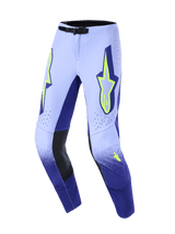Alpinestars 2026 Supertech Scenz broek, motorcrossbroek, paars en fluogeel, met een lavendel tot marineblauw kleurverloop, neongele Alpinestars sterlogo's op de dijen, zwarte leren kniepanelen aan de binnenzijde en een stevige zwarte gesp in de taille.