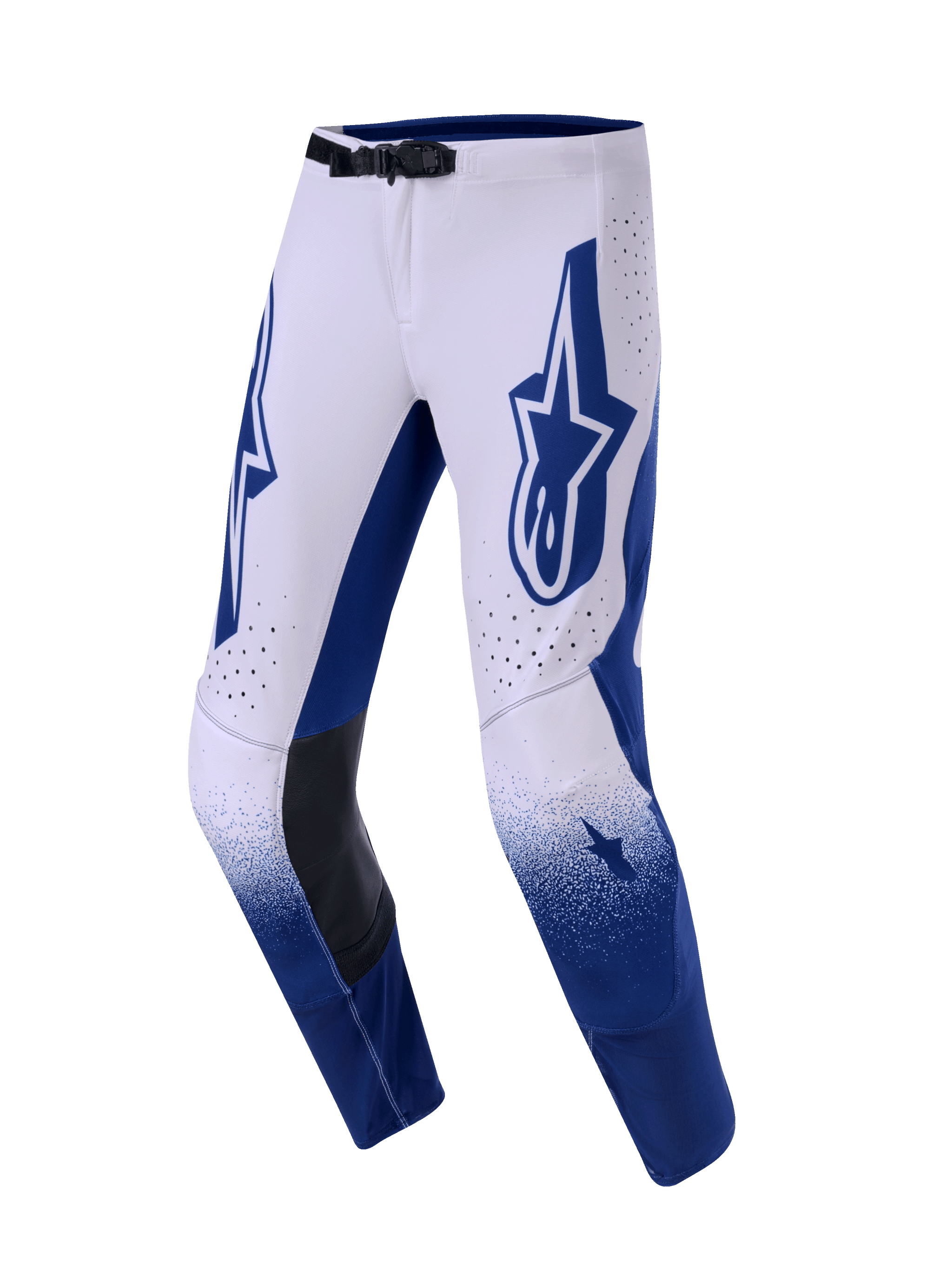 Alpinestars 2026 Supertech Scenz broek, motorcrossbroek, lichtgrijs en donkerblauw, met een groot blauw Astars-logo op de dij, zwarte leren binnenkniepanelen en geperforeerde ventilatieopeningen, kleurverloop op de onderbenen, professionele race-uitrusting voor off-road prestaties