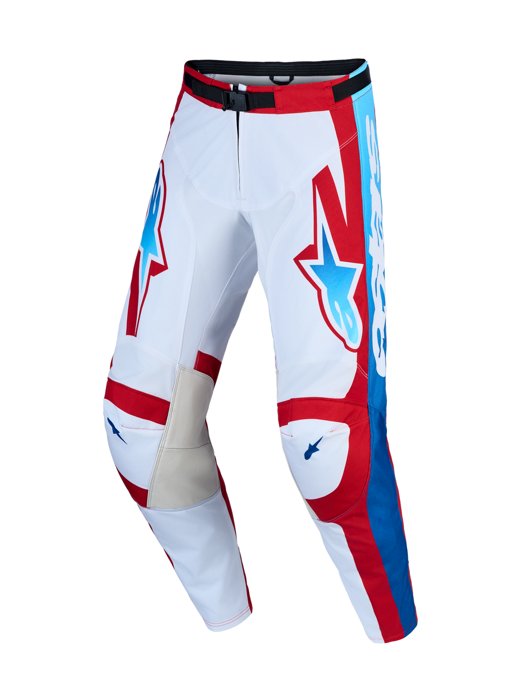 Alpinestars Racer Hunt broek en gear-set, heren motorcrossbroek voor off-road, wit en rood met blauwe accenten, geitenleren binnenknieën, duurzaam 600D-polyweefsel, ergonomische voorgevormde pijpen.