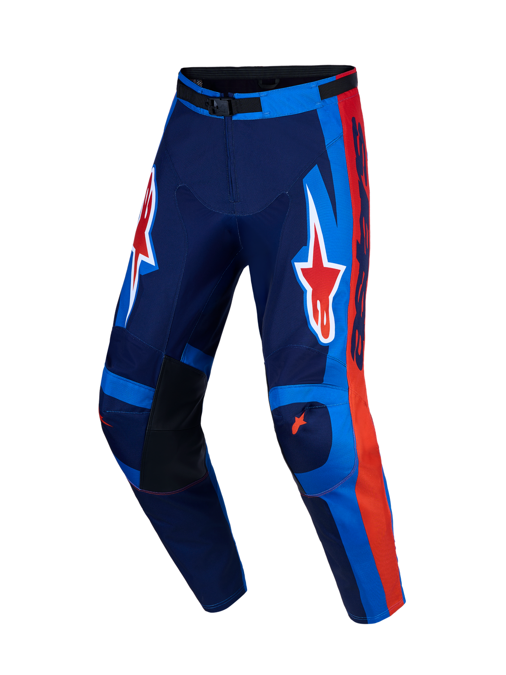Alpinestars Racer Hunt broek, heren motocrossbroek voor off-road, blauw en rood, 600D polyfabric, voorgevormde pijpen.