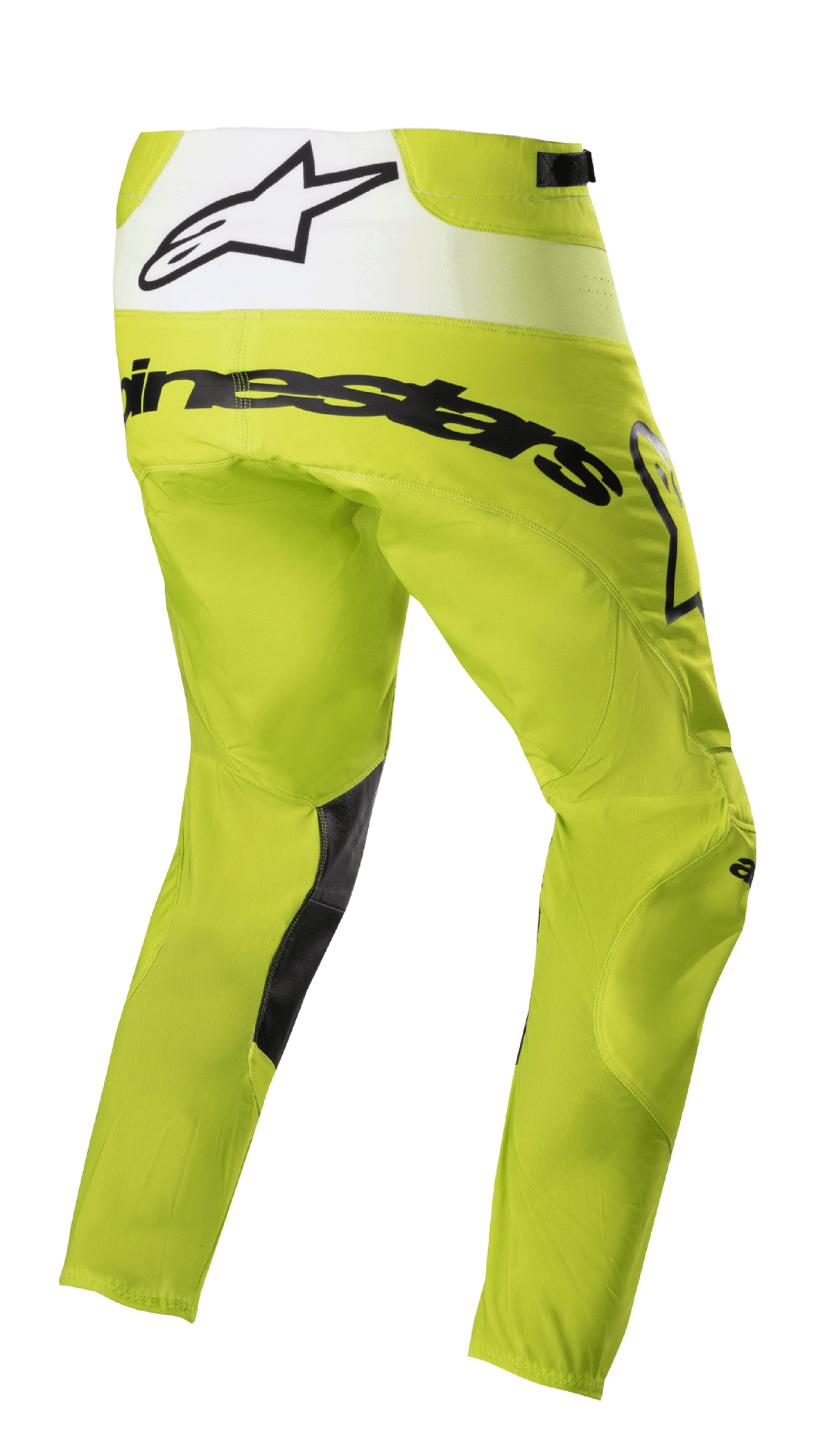 Alpinestars 2023 Techstar Push broek, motorcross broek, fluorgeel en wit, driekwart achteraanzicht met zwarte branding en wit achterpaneel met sterlogo, zwarte patches aan de binnenkant van de benen, duurzame off-road race-uitrusting