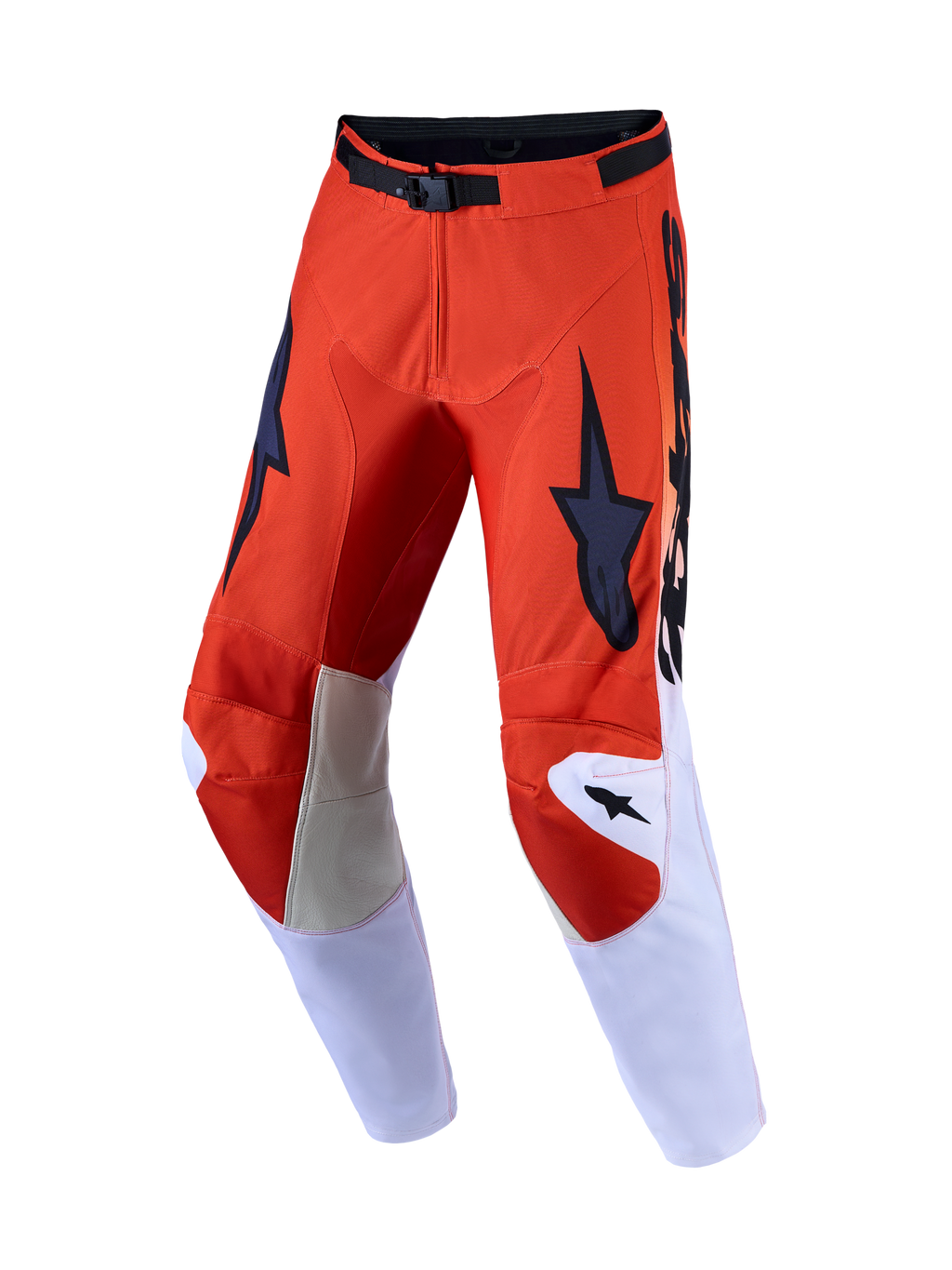 Alpinestars Racer Amber 2027 motorcrossbroek voor heren in rood en lichtlila met lederen kniepanelen.
