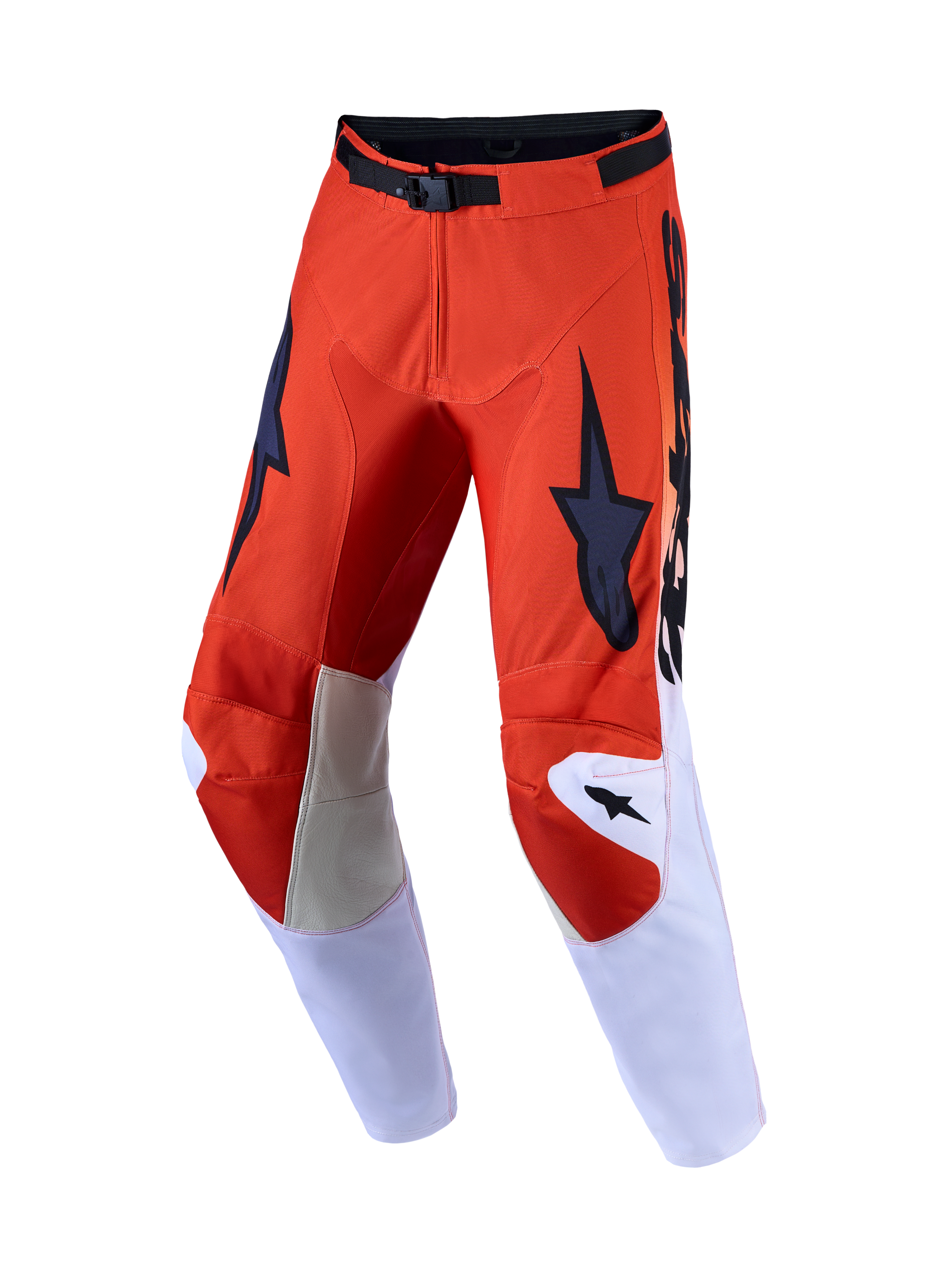 Alpinestars Racer Amber 2027 motorcrossbroek voor heren in rood en lichtlila met lederen kniepanelen.