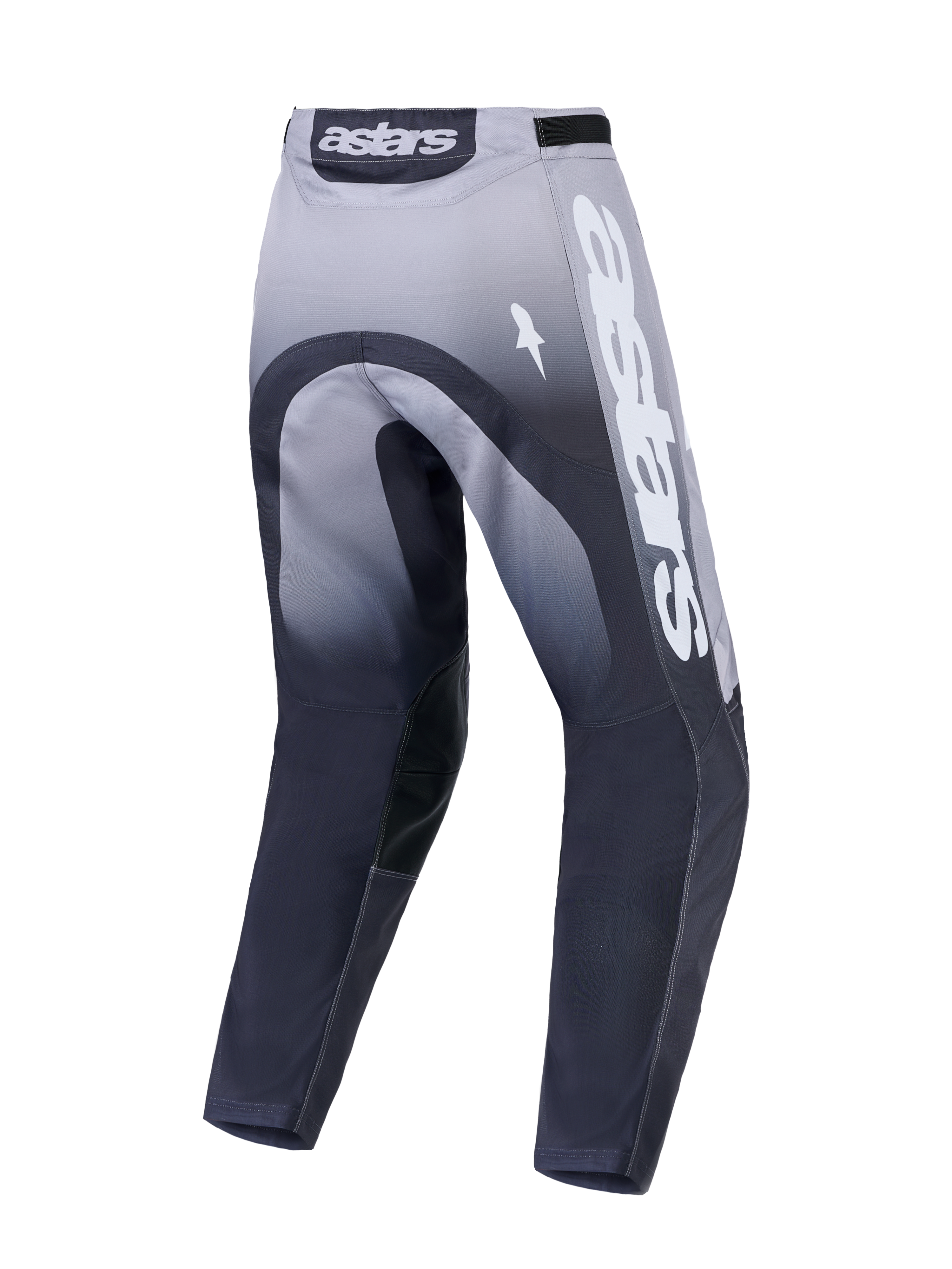 Alpinestars Racer Amber motocrossbroek, grijs en wit achteraanzicht, duurzame constructie met opvallende Astars-branding.