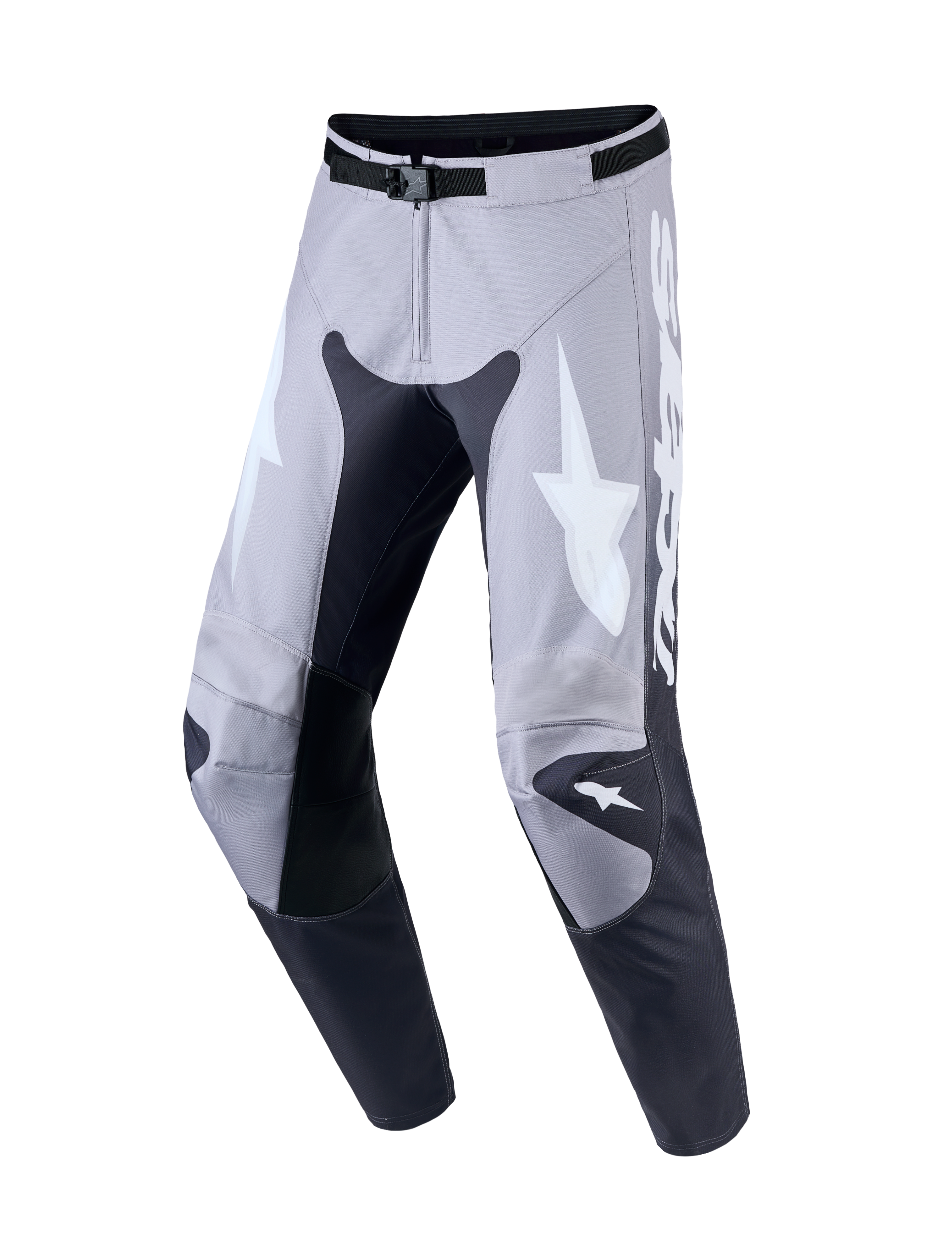 Alpinestars Racer Amber heren motorcrossbroek, grijs en lichtpaars, 600D polyweefsel met lederen kniepanelen.