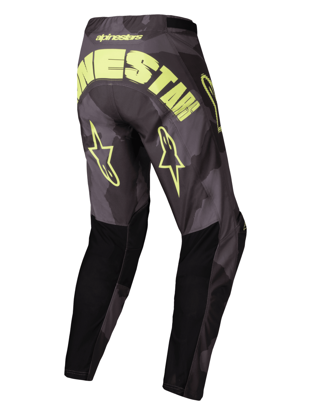 Alpinestars Racer Hollow Broek 2025, off-road motorcrossbroek, donker camo en geel fluo, lichtgewicht technisch materiaal met voorgevormde constructie, achteraanzicht met grote branding en sterlogo's