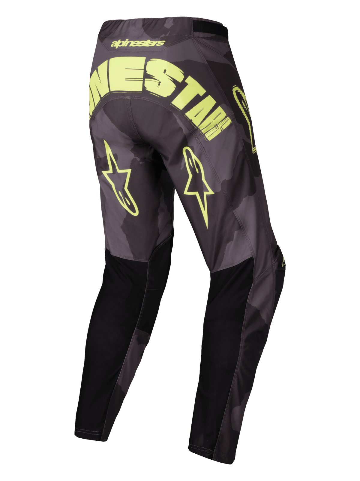 Alpinestars Racer Hollow Broek 2025, off-road motorcrossbroek, donker camo en geel fluo, lichtgewicht technisch materiaal met voorgevormde constructie, achteraanzicht met grote branding en sterlogo's