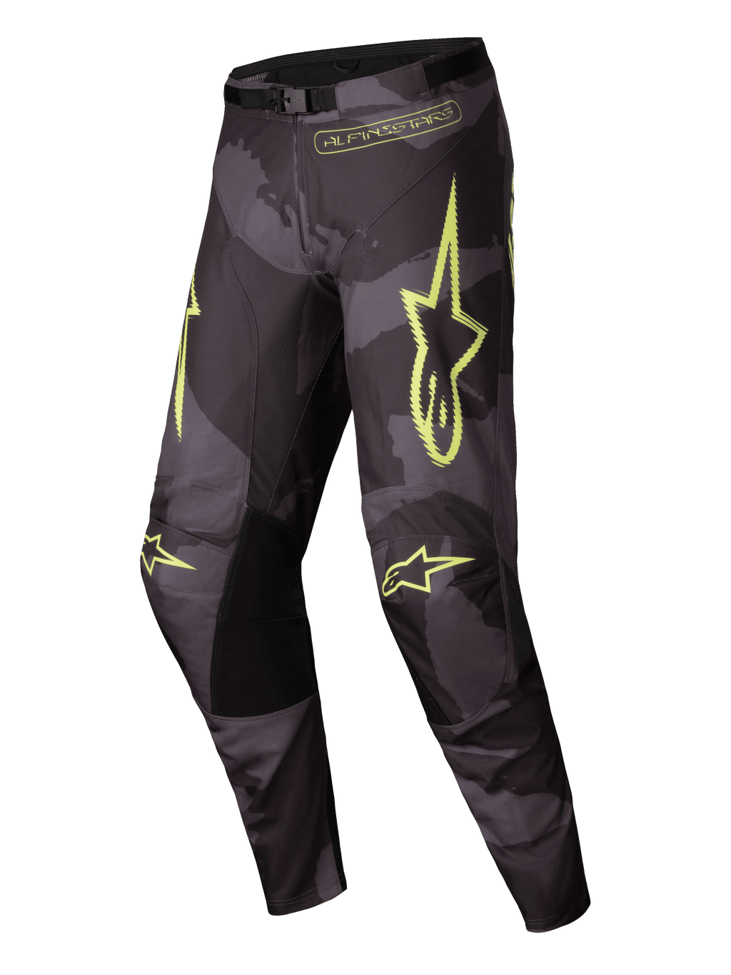Alpinestars Racer Hollow Broek 2025, motocrossbroek voor heren, donker camo en geel fluo, lichte off-road uitrusting met ergonomische voorgevormde constructie