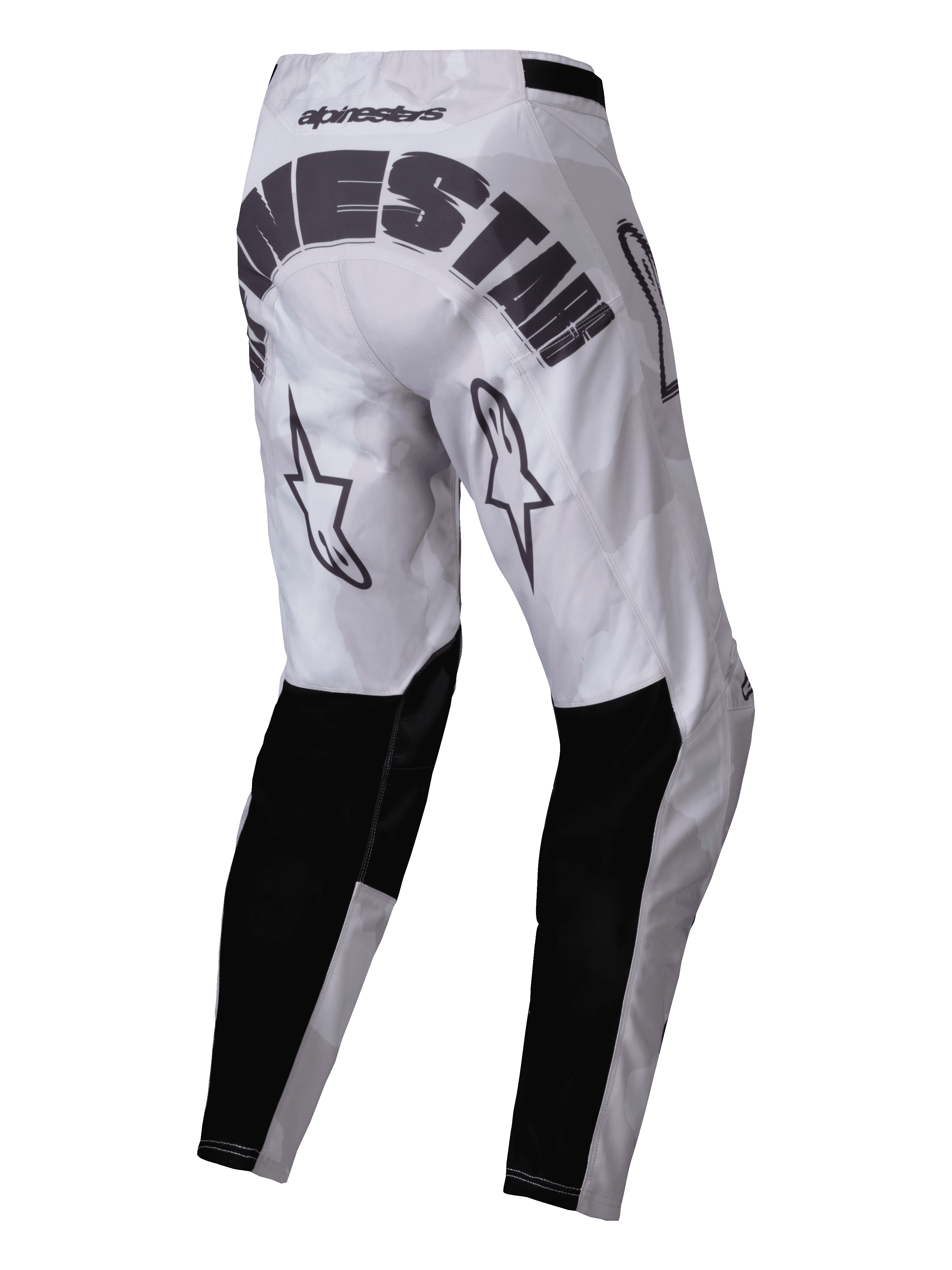 Alpinestars 2025 Racer Hollow broek, motorcrossbroek, licht camo bruin, achteraanzicht met opvallende zwarte Alpinestars-branding op het zitvlak, sterlogo's op de achterkant van de dijen en zwarte versterkte panelen op de onderbenen, sportief off-road ontwerp met een lichtgrijs camouflagepatroon