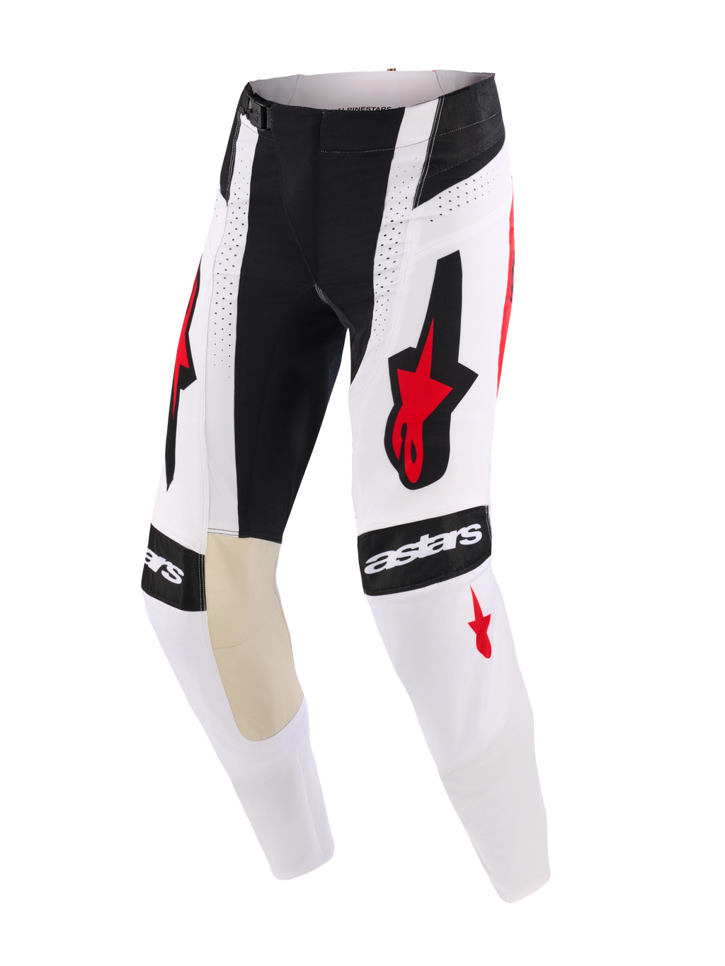 Alpinestars 2026 Techstar Knif Pants, Motocross Pants, White Black and Red, featuring bold Alpinestars logos on the thighs and knees, tan goat leather inner knee panels, perforated details for airflow, and a durable racing design for off-road competition.