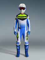 Alpinestars 2026 Techstar Knif Gear Set, Motocross Racing Outfit in Blue, White, and Yellow Fluo, full body shot of rider wearing matching jersey and pants with white helmet, blue goggles, and blue racing boots, coordinated off-road competition kit