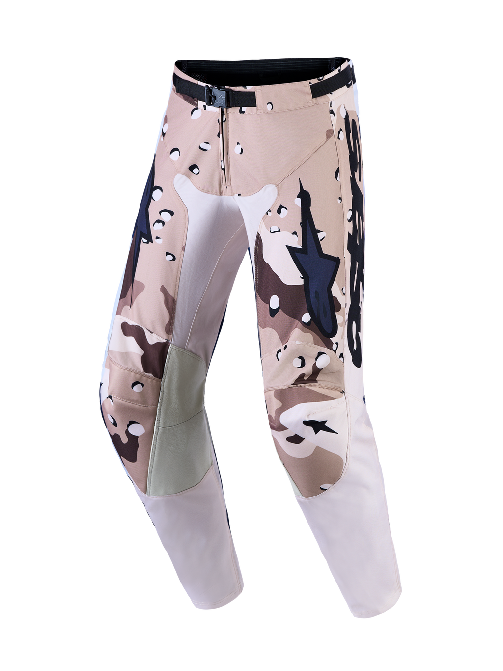 Alpinestars Racer Lone motocrossbroek in desert camo en zwart, met leren knieën en magnetische taillesluiting.