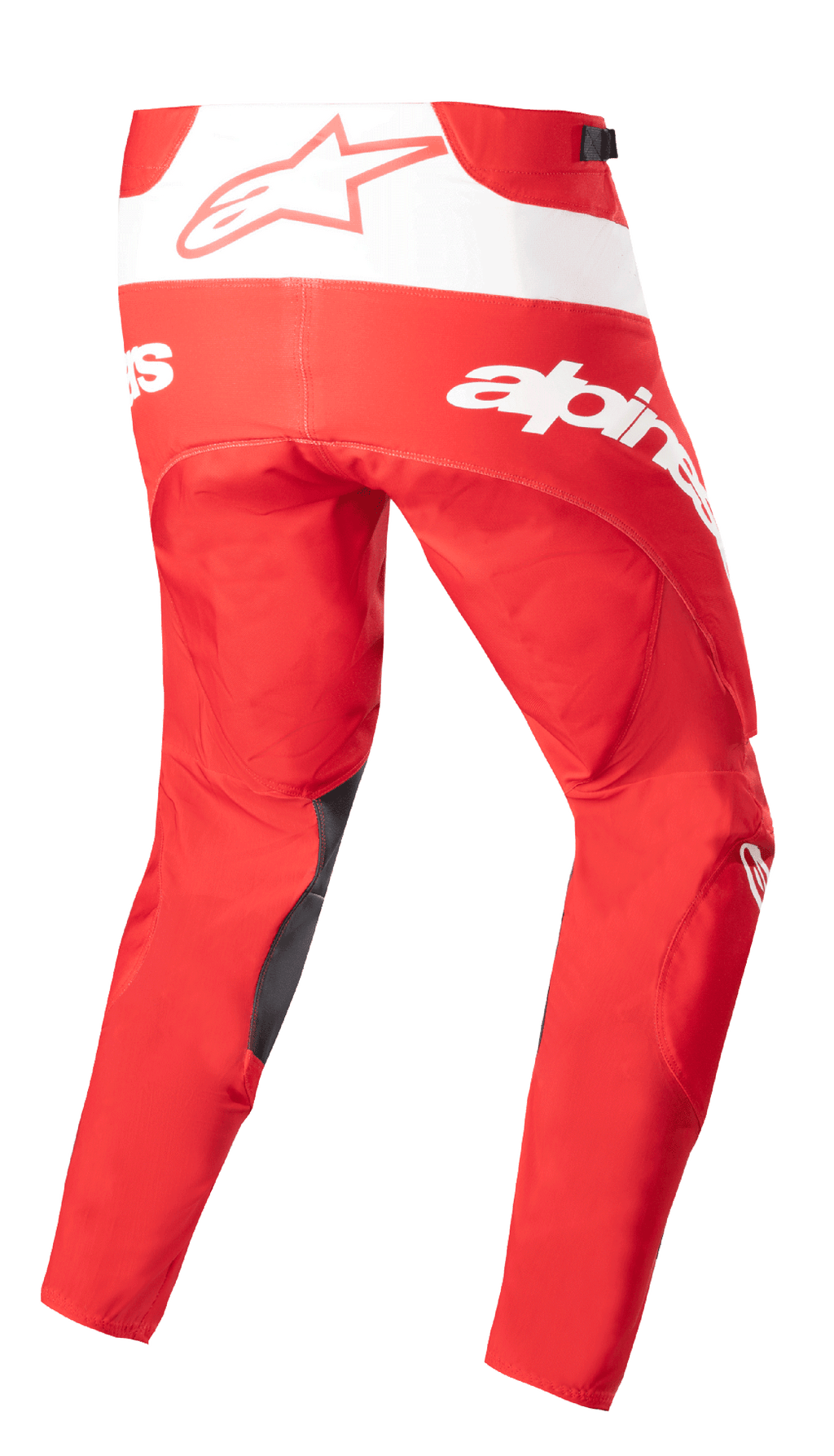 Alpinestars 2023 Techstar Arch broek, motorcross broek, Mars Red en wit, achteraanzicht met opvallende witte branding en ster-logo, donkere verstevigingen aan de binnenzijde van de benen, technisch ontwerp voor off-road prestaties