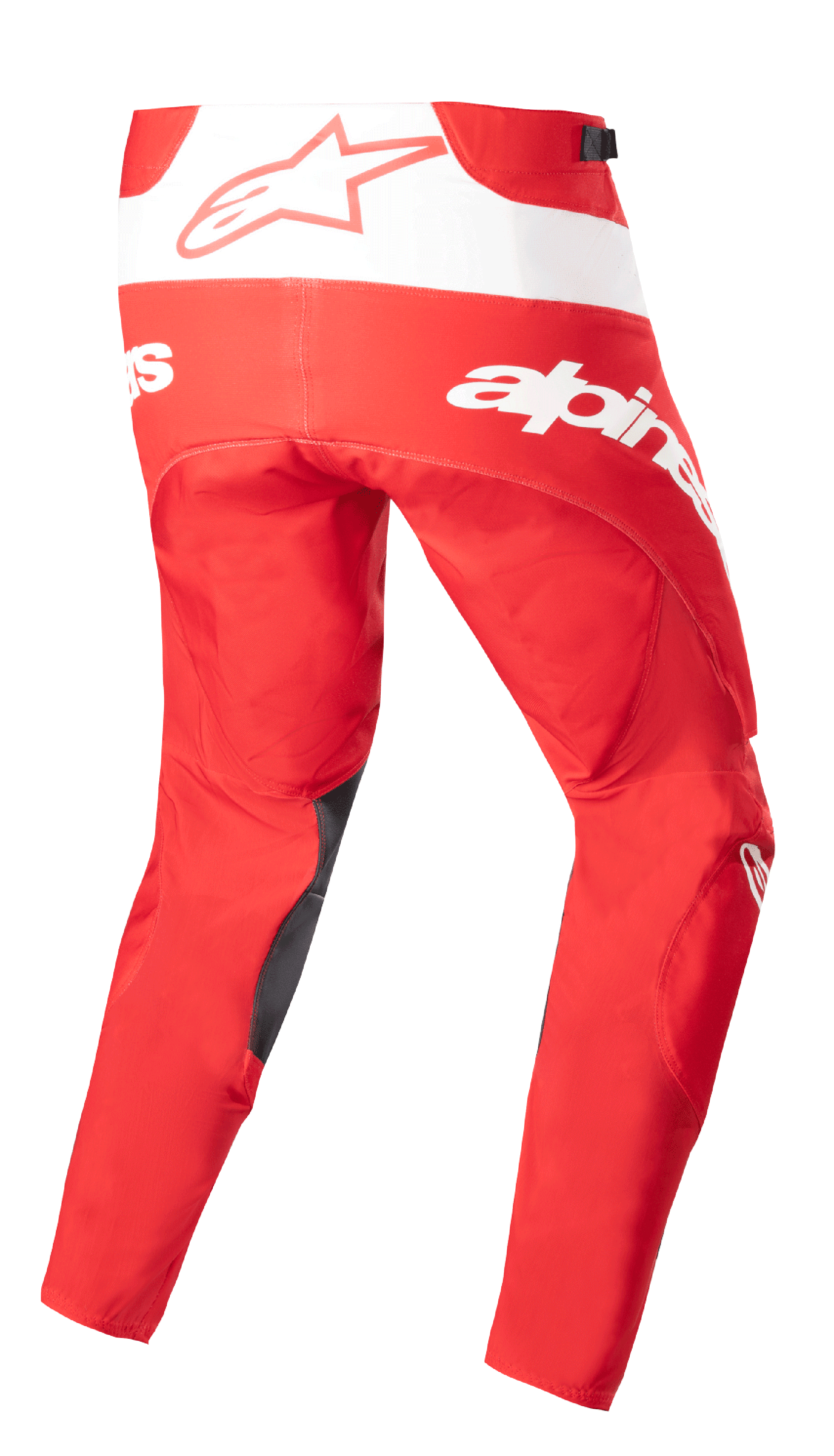 Alpinestars 2023 Techstar Arch broek, motorcross broek, Mars Red en wit, achteraanzicht met opvallende witte branding en ster-logo, donkere verstevigingen aan de binnenzijde van de benen, technisch ontwerp voor off-road prestaties