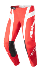 Alpinestars 2023 Techstar Arch broek, motorcross racebroek, Mars rood en wit, zwarte lederen kniestukken, geperforeerde ventilatiepanelen, verstelbare gespsluiting in de taille, performance off-road uitrusting