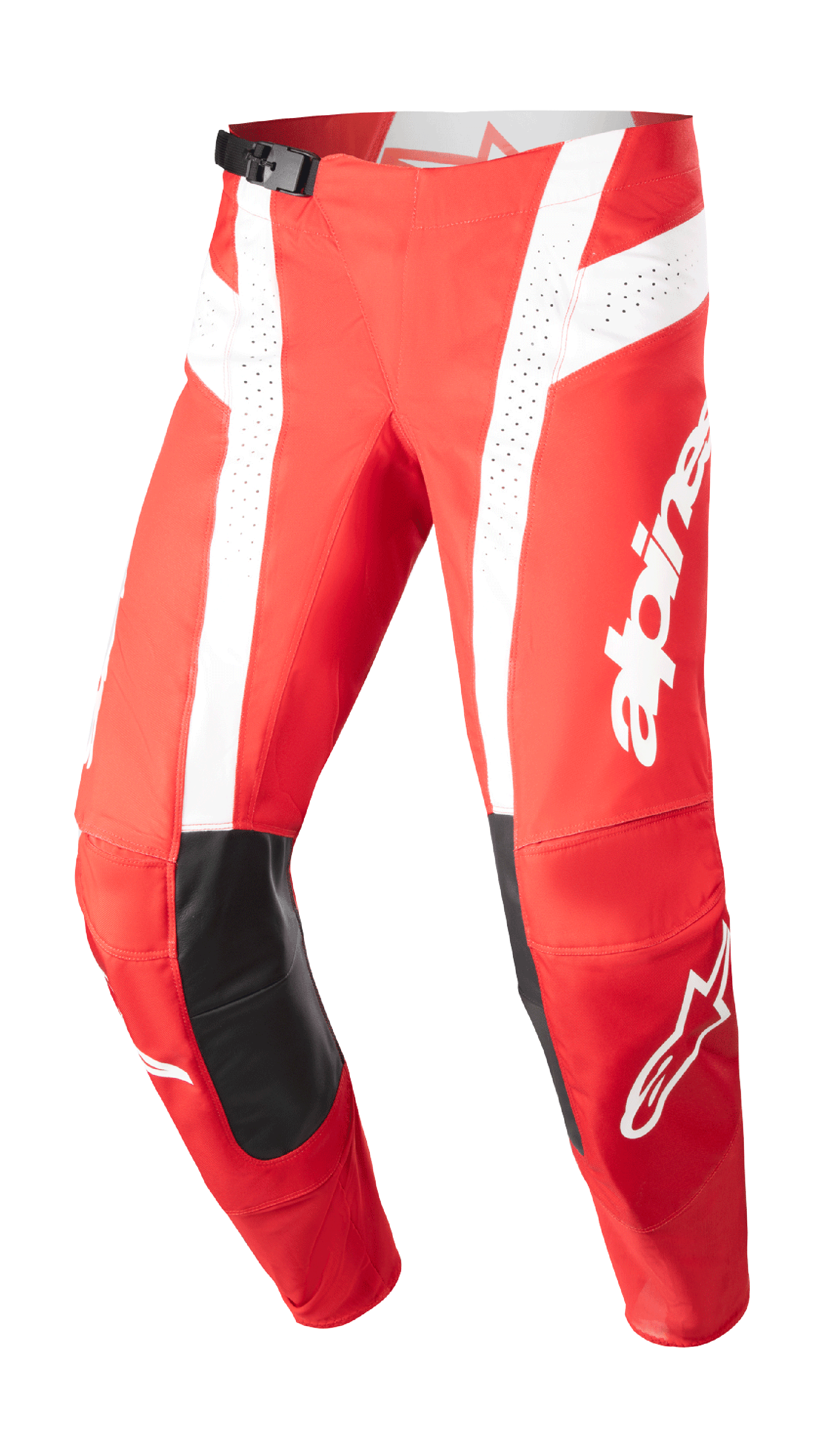 Alpinestars 2023 Techstar Arch broek, motorcross racebroek, Mars rood en wit, zwarte lederen kniestukken, geperforeerde ventilatiepanelen, verstelbare gespsluiting in de taille, performance off-road uitrusting
