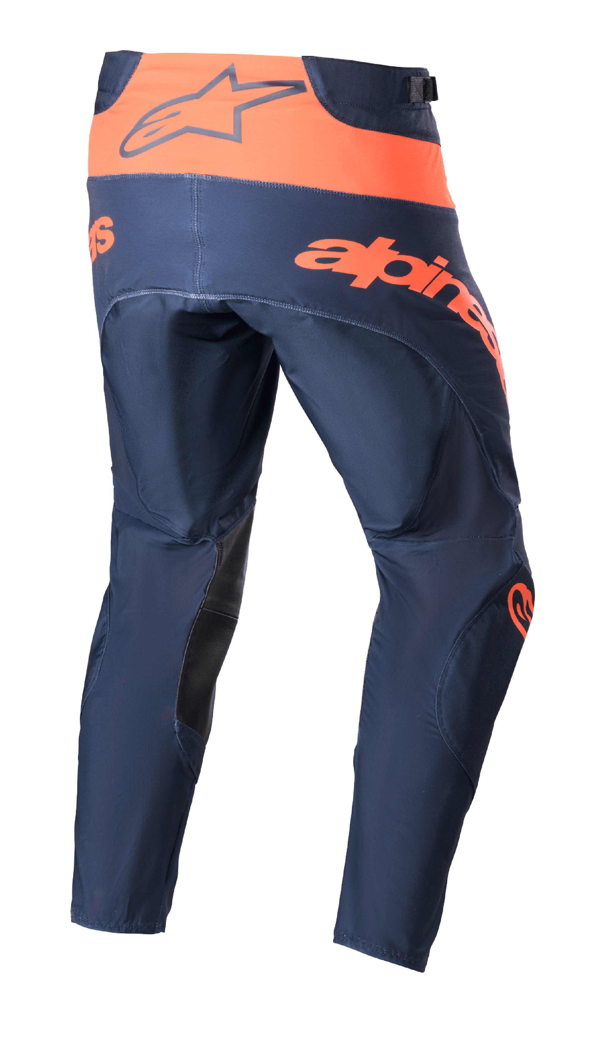 Alpinestars 2023 Techstar Arch crossbroek, motorcross broek, Night Navy en Hot Orange, achteraanzicht met oranje tailleband met Alpinestars-logo, grote oranje tekst over het zitvlak en zwarte versterkingen aan de binnenzijde van de benen