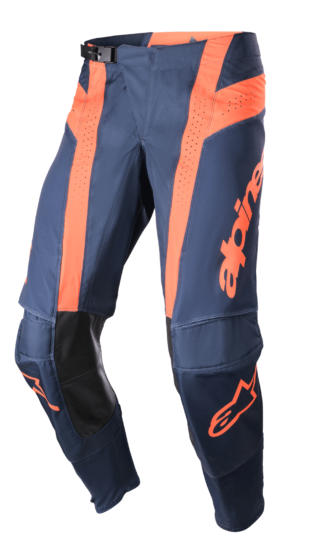 Alpinestars 2023 Techstar Arch broek, motorcrossbroek, donkerblauw en feloranje, geperforeerde ventilatiepanelen, zwarte lederen binnenkniebescherming, verstelbare taillegesp, hoogwaardige off-road uitrusting