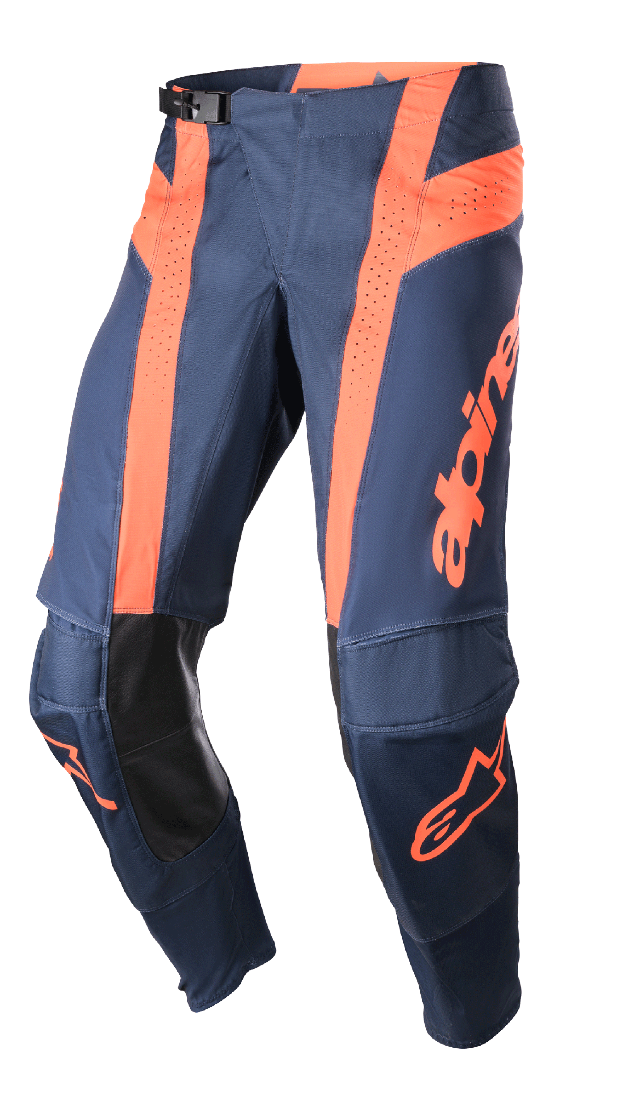 Alpinestars 2023 Techstar Arch broek, motorcrossbroek, donkerblauw en feloranje, geperforeerde ventilatiepanelen, zwarte lederen binnenkniebescherming, verstelbare taillegesp, hoogwaardige off-road uitrusting