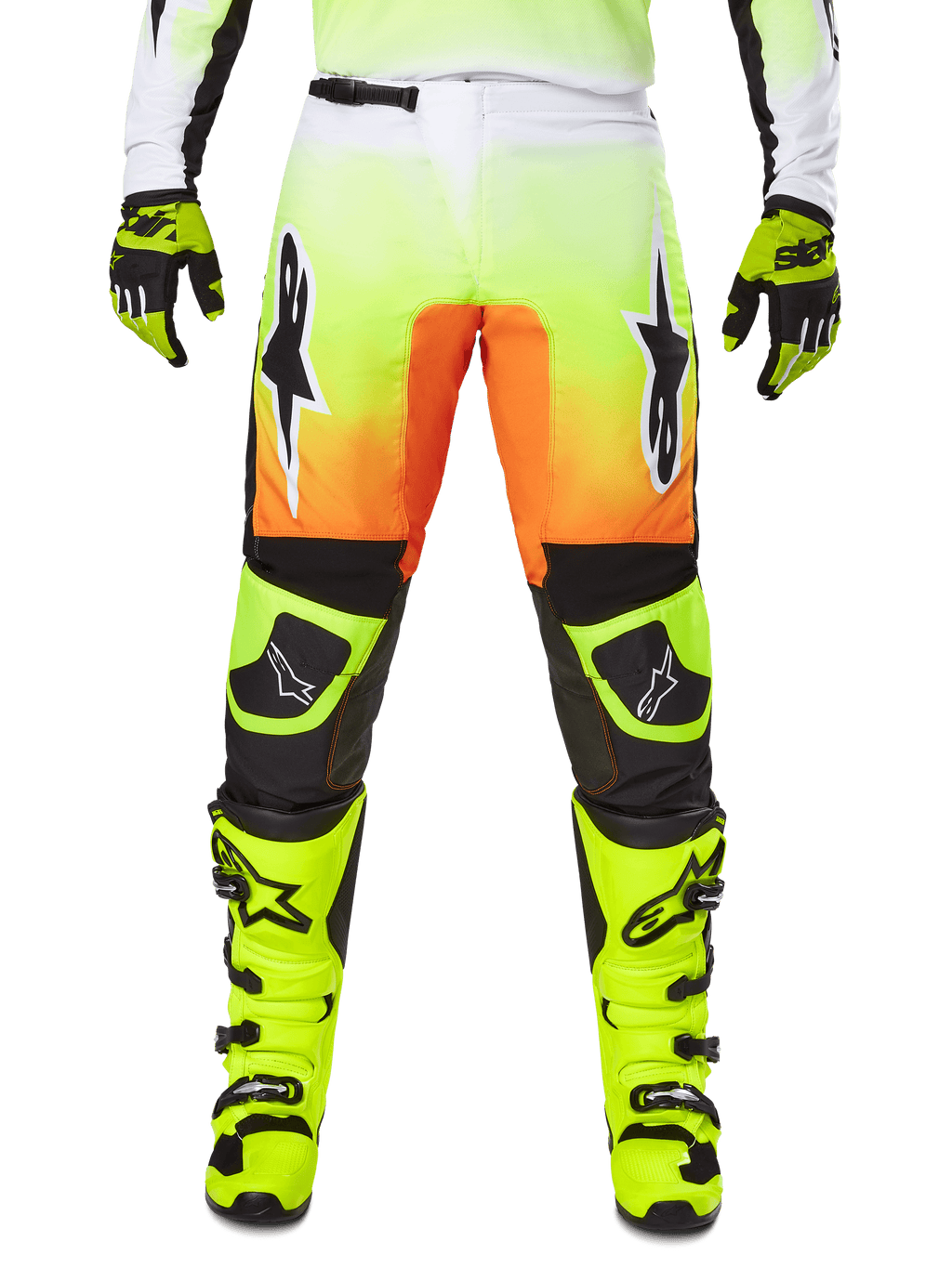 Alpinestars 2025 Fluid Wurx crossbroek, motorcrossbroek, neongeel en oranje, zwarte en witte sterlogo's, strak race-ontwerp met zwarte kniestukken, gecombineerd met bijpassende neongele laarzen en handschoenen