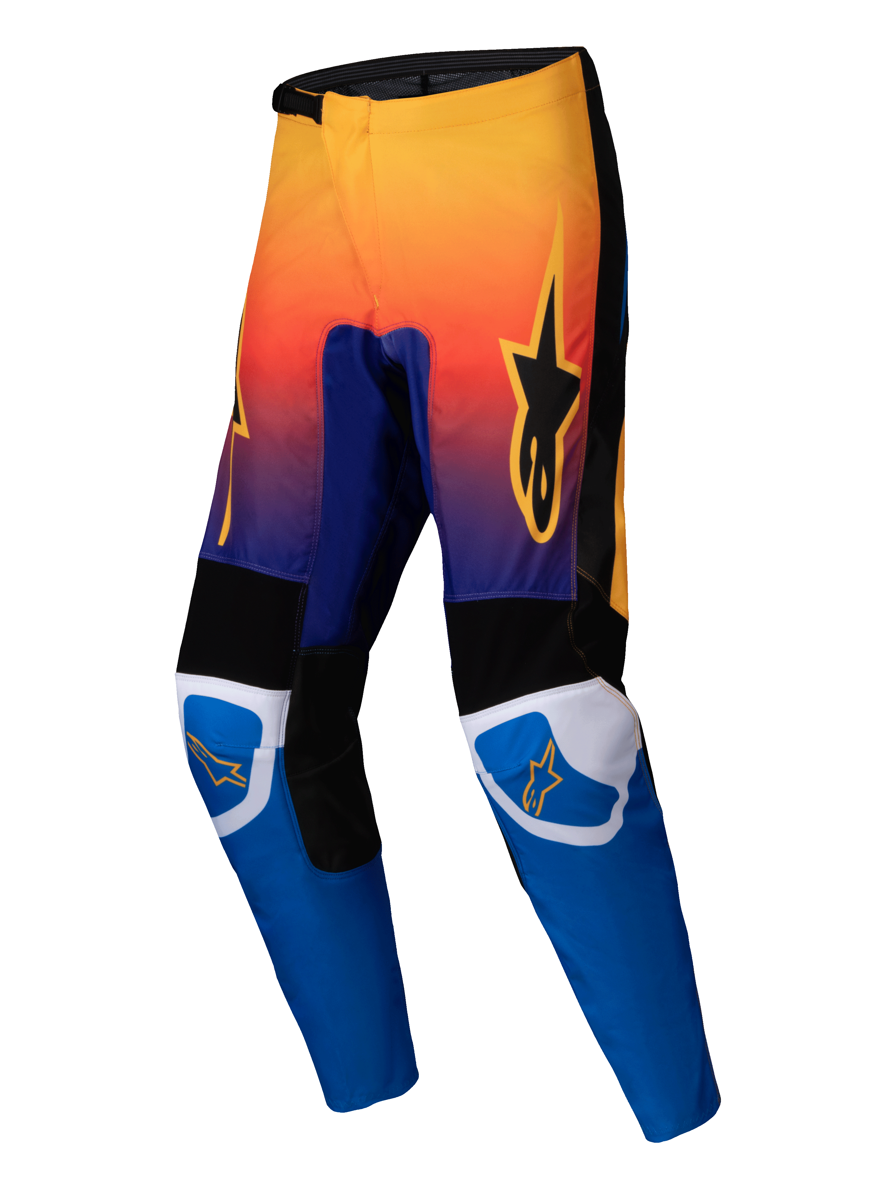 Alpinestars 2025 Fluid Wurx broek, motorcross broek, meerkleurig met oranje naar paars kleurverloop aan de bovenkant en felblauwe onderbenen, voorzien van zwart-witte versterkte panelen, oranje sterlogo op de dijen en knieën, duurzaam off-road race-ontwerp
