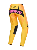 Alpinestars 2026 Techstar Nomur broek, motorcrossbroek, oranje, geel en roze, achteraanzicht met grote roze merknaam op een zwart zitvlak, levendig geel en oranje kleurverloop met zwarte accenten op de binnenbenen, hoogwaardige off-road race-uitrusting