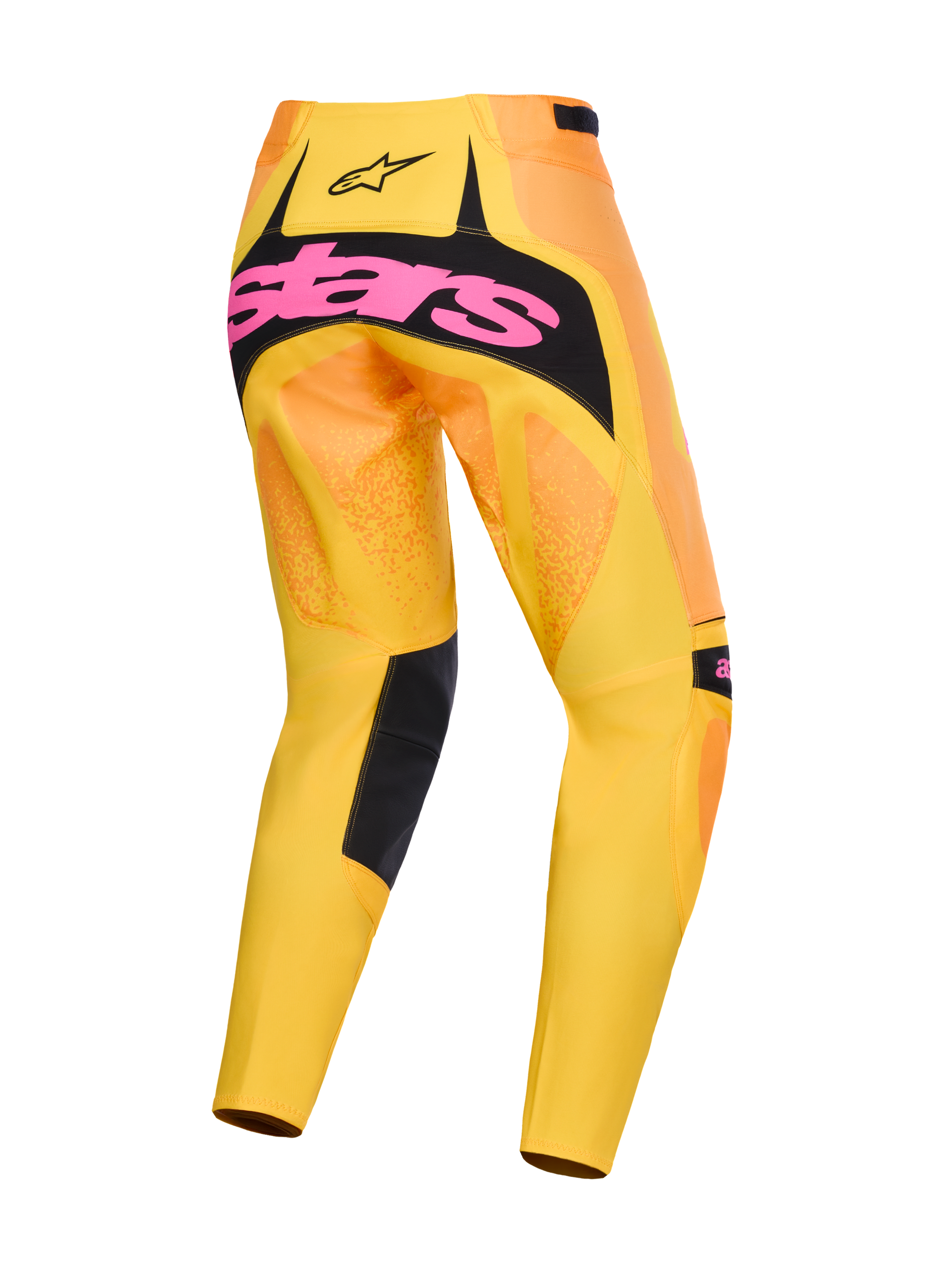 Alpinestars 2026 Techstar Nomur broek, motorcrossbroek, oranje, geel en roze, achteraanzicht met grote roze merknaam op een zwart zitvlak, levendig geel en oranje kleurverloop met zwarte accenten op de binnenbenen, hoogwaardige off-road race-uitrusting