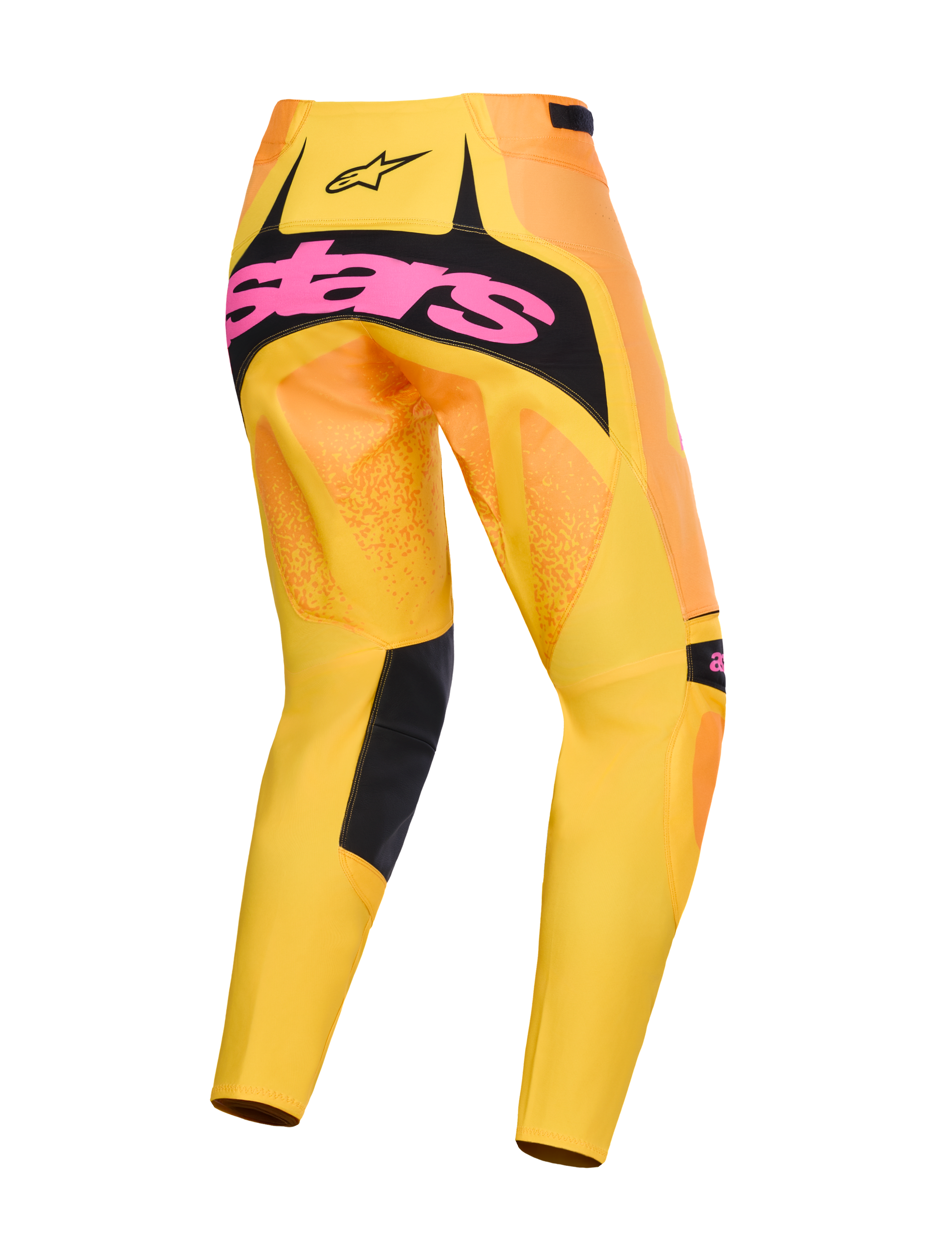 Alpinestars 2026 Techstar Nomur Pants, Motocross Pants, Orange Yellow and Pink, rear view featuring large pink branding on a black seat panel, vibrant yellow and orange gradient design with black accents on inner legs, high-performance off-road racing gear