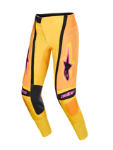Alpinestars 2026 Techstar Nomur crossbroek, motorcross broek, oranje, geel en roze, met zwarte binnenkniepanelen en opvallende roze Alpinestars-logo's, technisch ontwerp met geventileerde perforaties en atletische racepasvorm, hoogwaardige uitrusting voor off-road racing