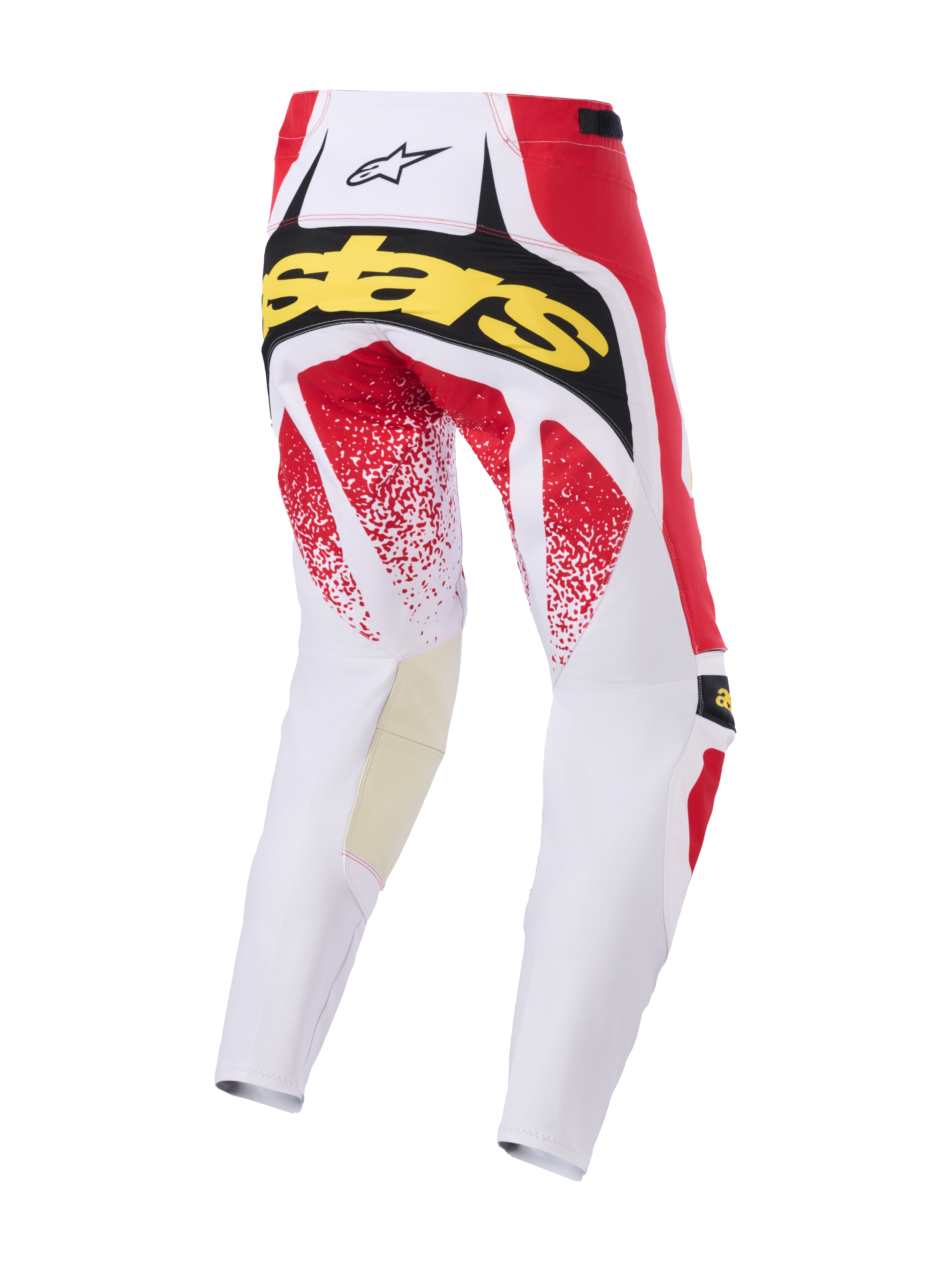 Alpinestars 2026 Techstar Nomur Pants, Motocross Pants, White Red and Black, rear view featuring yellow 'Stars' branding and red speckled graphics, durable multi-panel construction for off-road racing